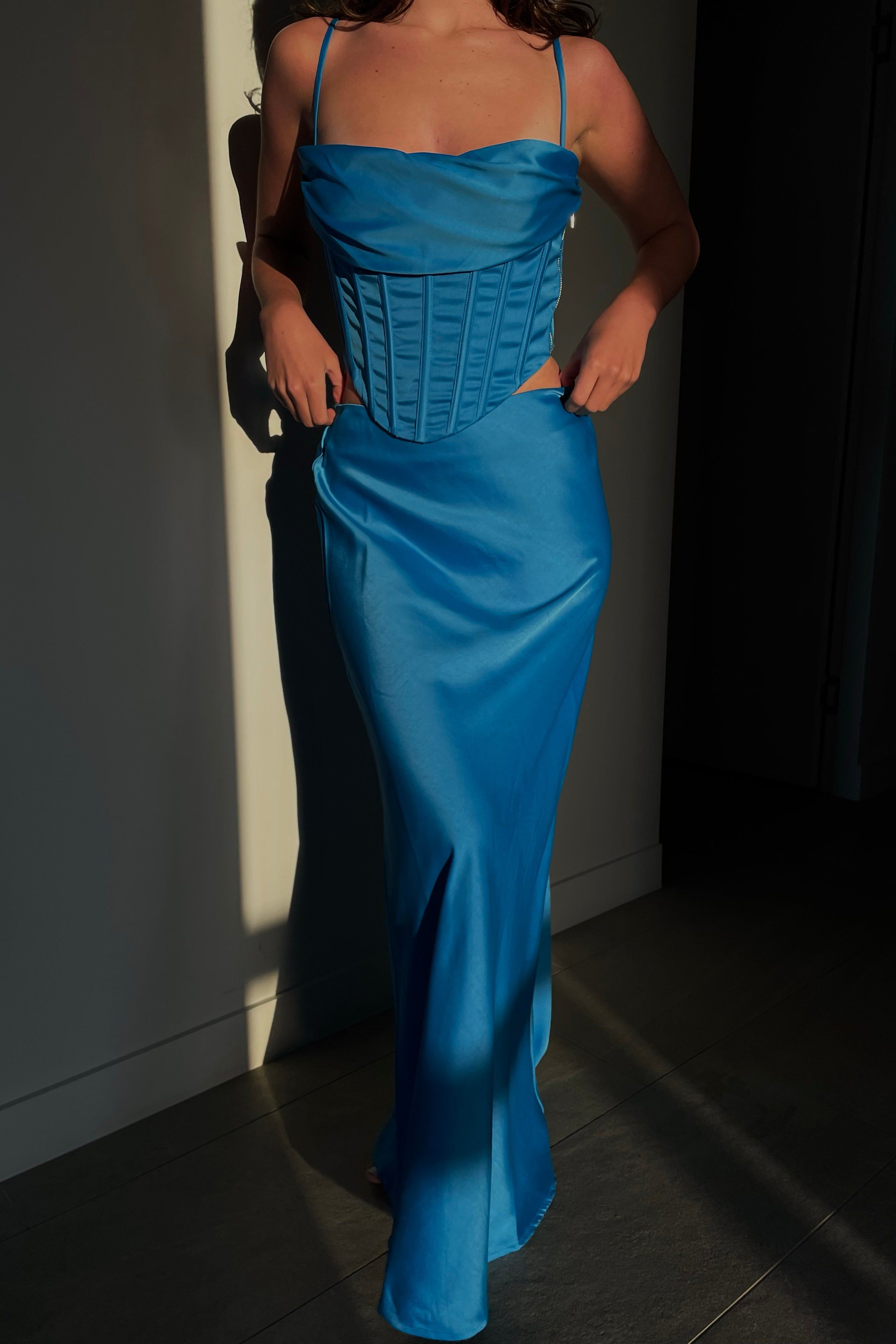 Missy Maxi Satin Skirt - Azure Blue sold by Meshki