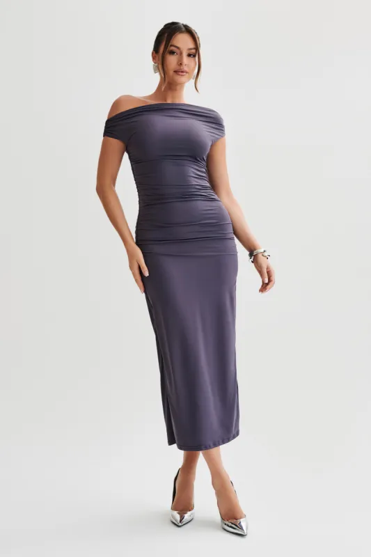Alayna Recycled Nylon Midi Dress - Charcoal sold by Meshki
