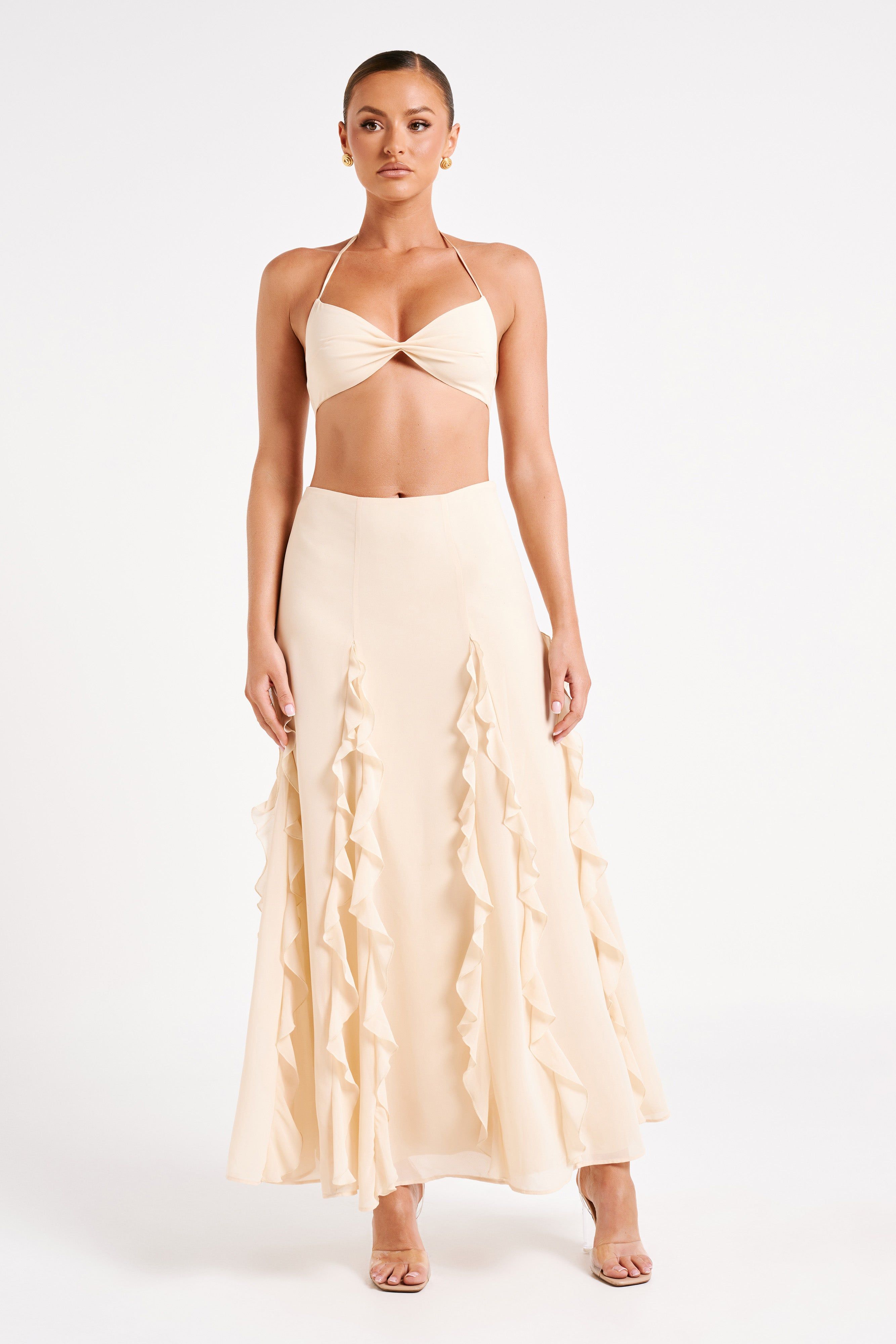 Ines Ruffle Maxi Skirt - Sand sold by Meshki
