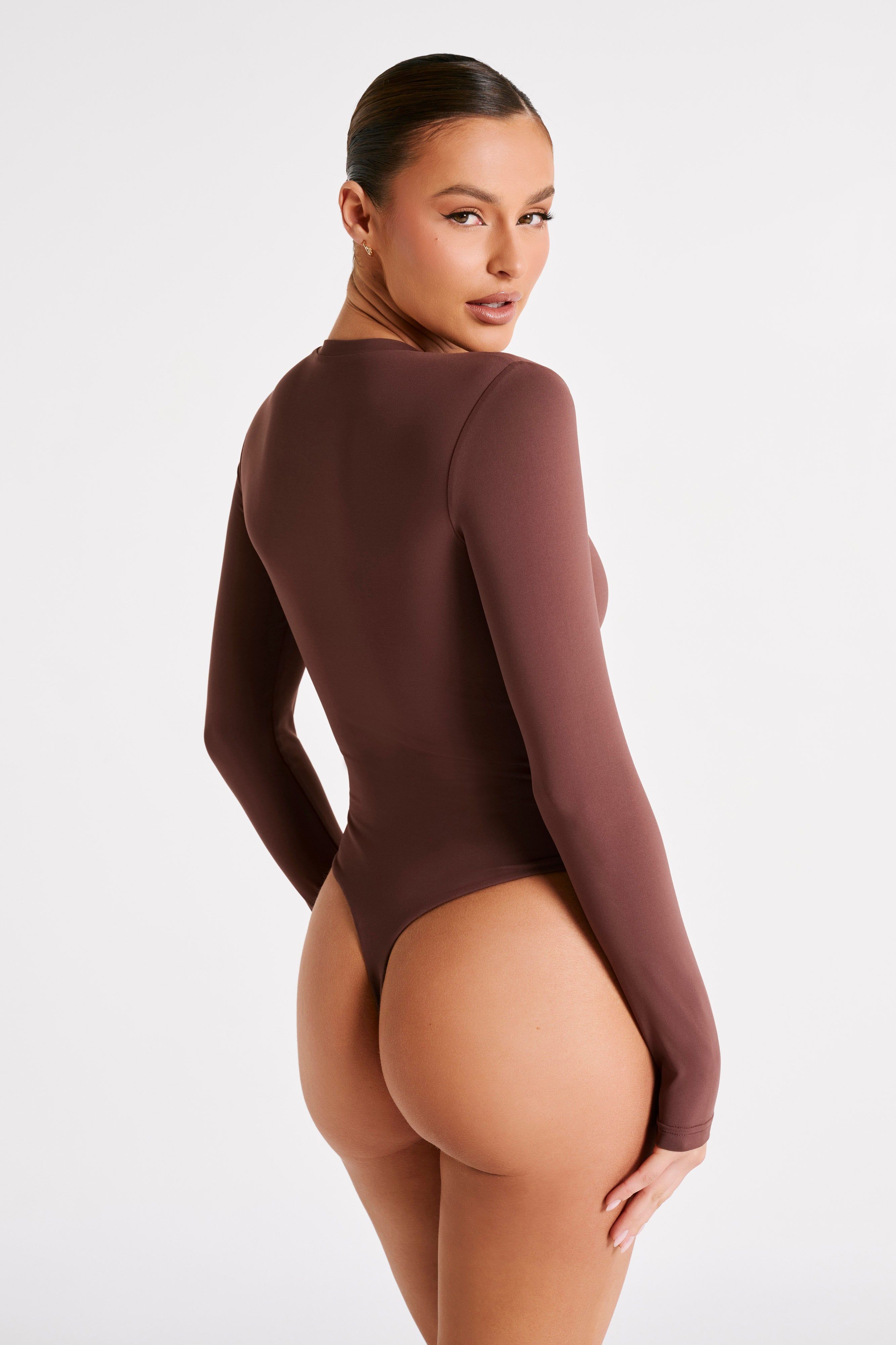 Delilah Recycled Nylon Long Sleeve Crew Neck Bodysuit - Mocha sold by Meshki product image thumbnail 2