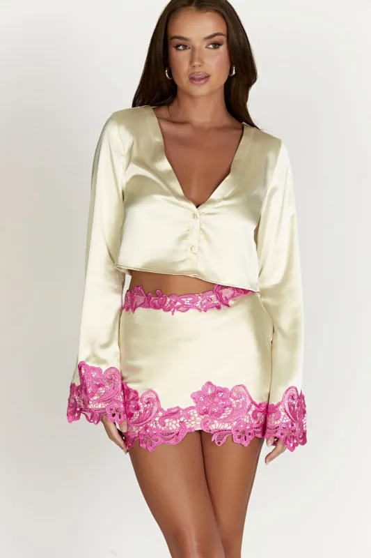 Niamh Flare Sleeve Crop Top With Lace - Nude made by Meshki