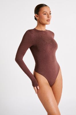 Delilah Recycled Nylon Long Sleeve Crew Neck Bodysuit - Mocha sold by Meshki