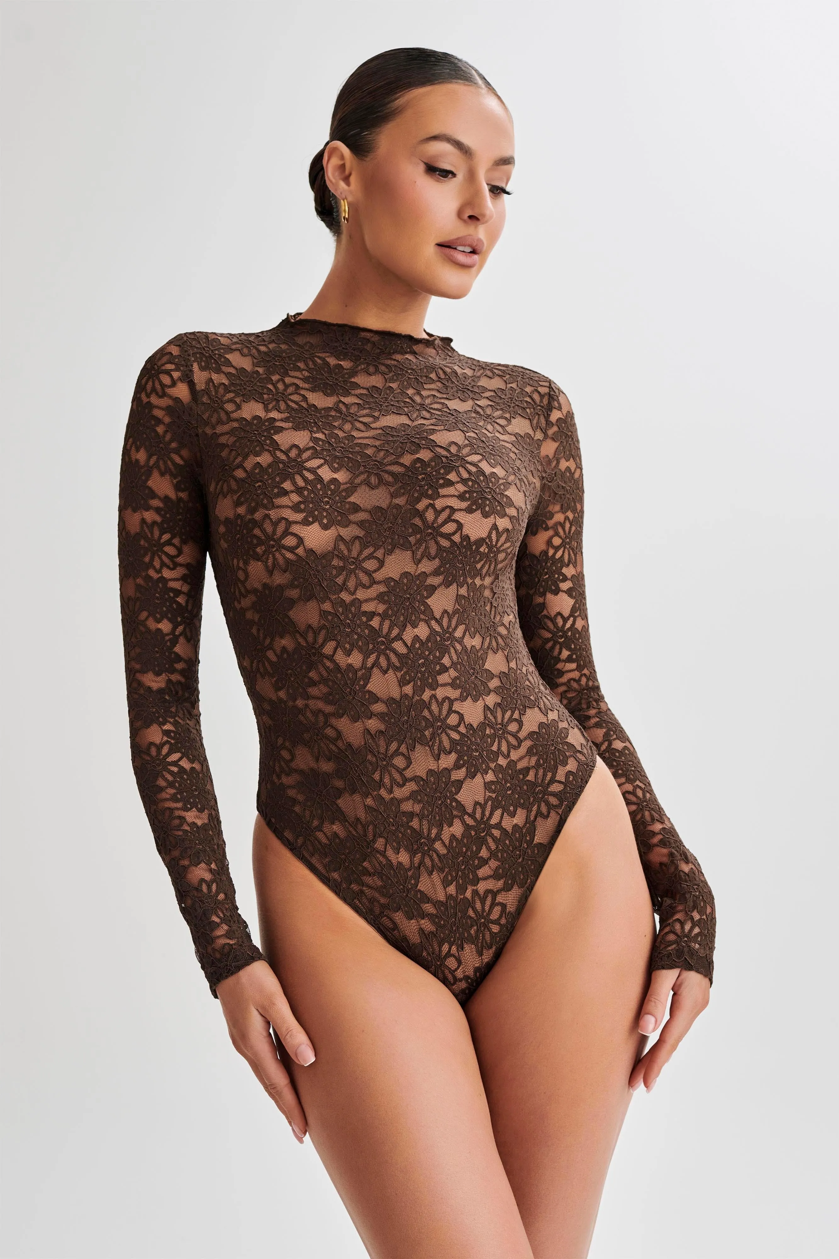 Renata Lace Long Sleeve Bodysuit - Chocolate sold by Meshki