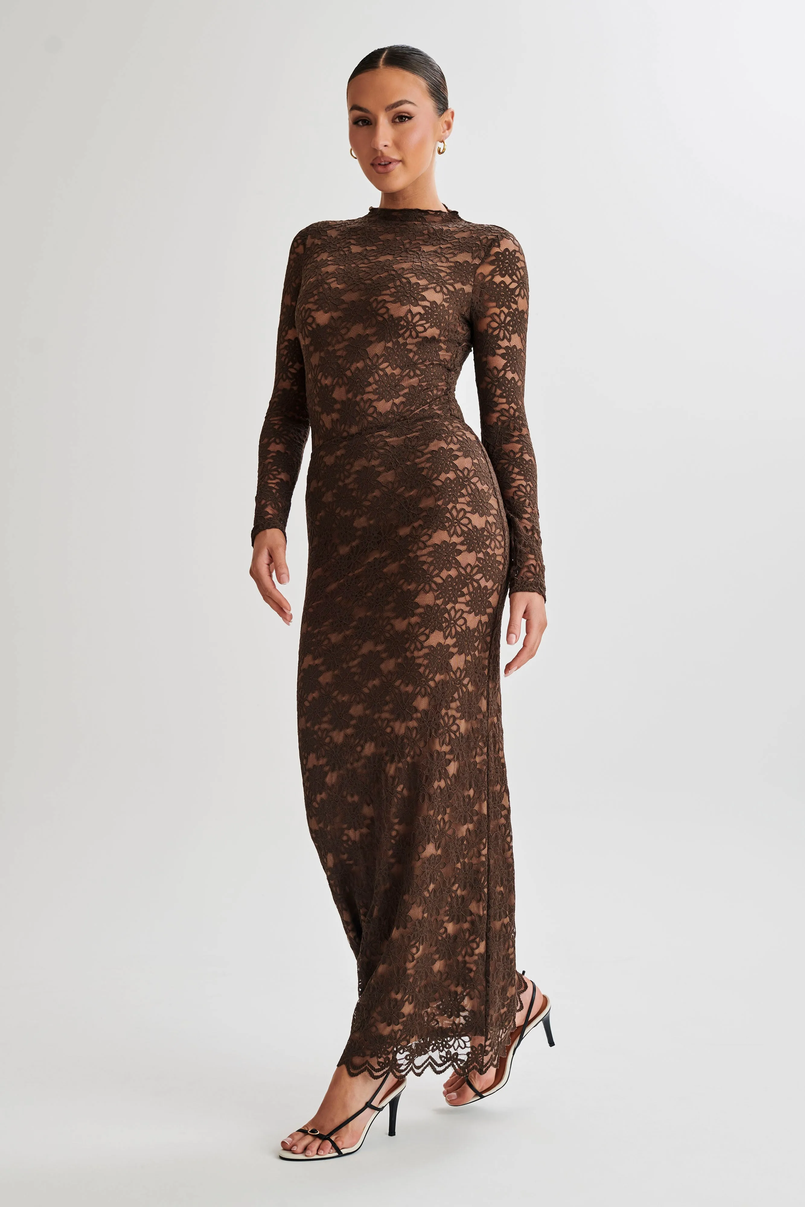 Renata Lace Long Sleeve Bodysuit - Chocolate sold by Meshki product image thumbnail 2