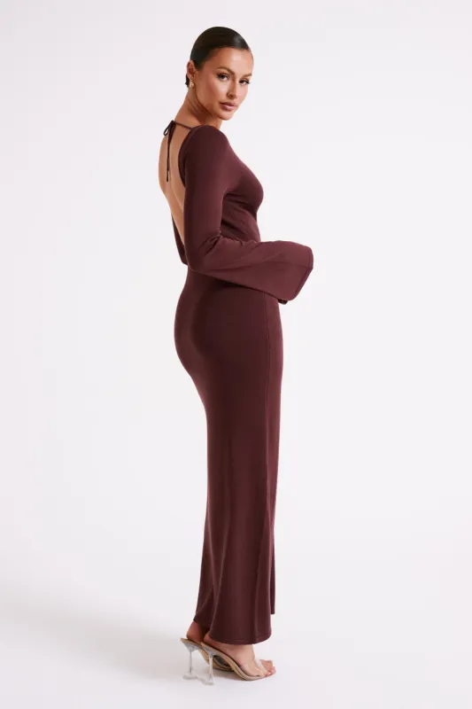 Marleigh Flare Sleeve Knit Maxi Dress - Dark Chocolate sold by Meshki