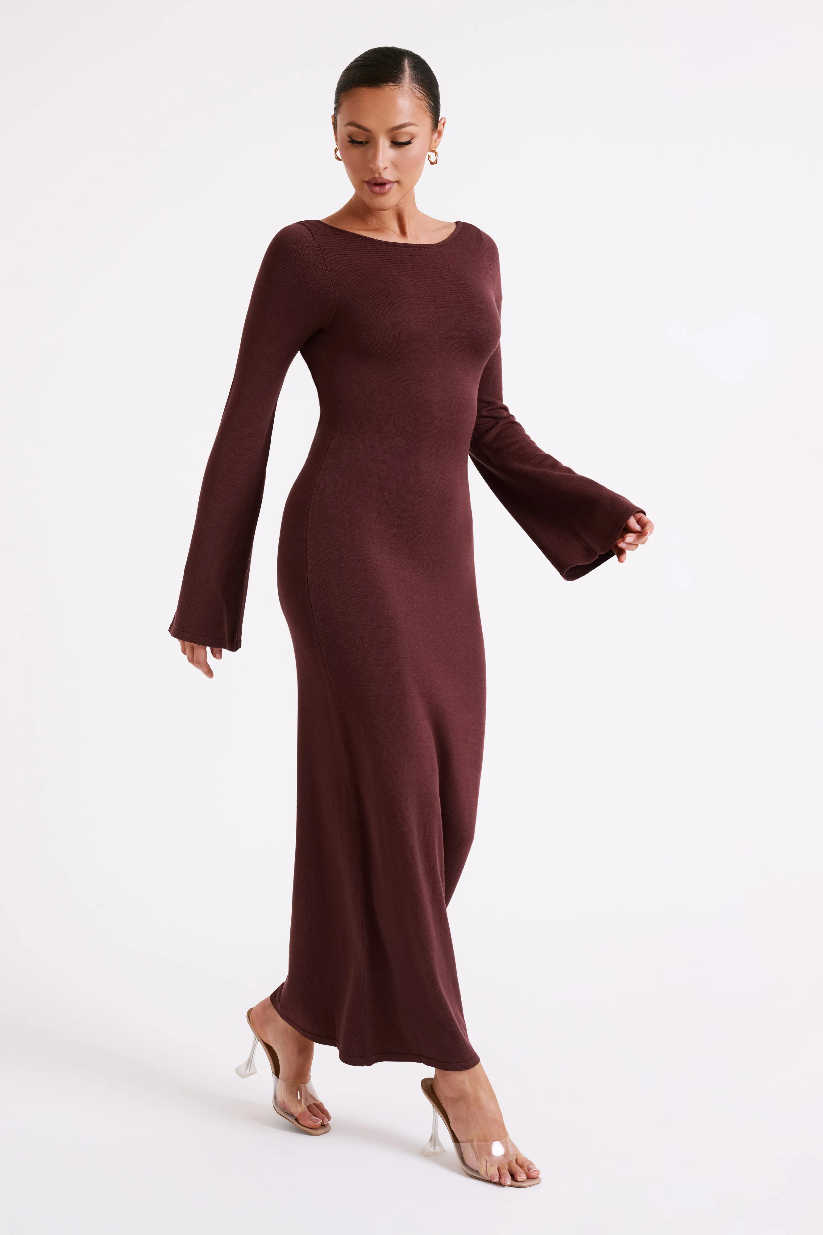Marleigh Flare Sleeve Knit Maxi Dress - Dark Chocolate sold by Meshki product image thumbnail 5