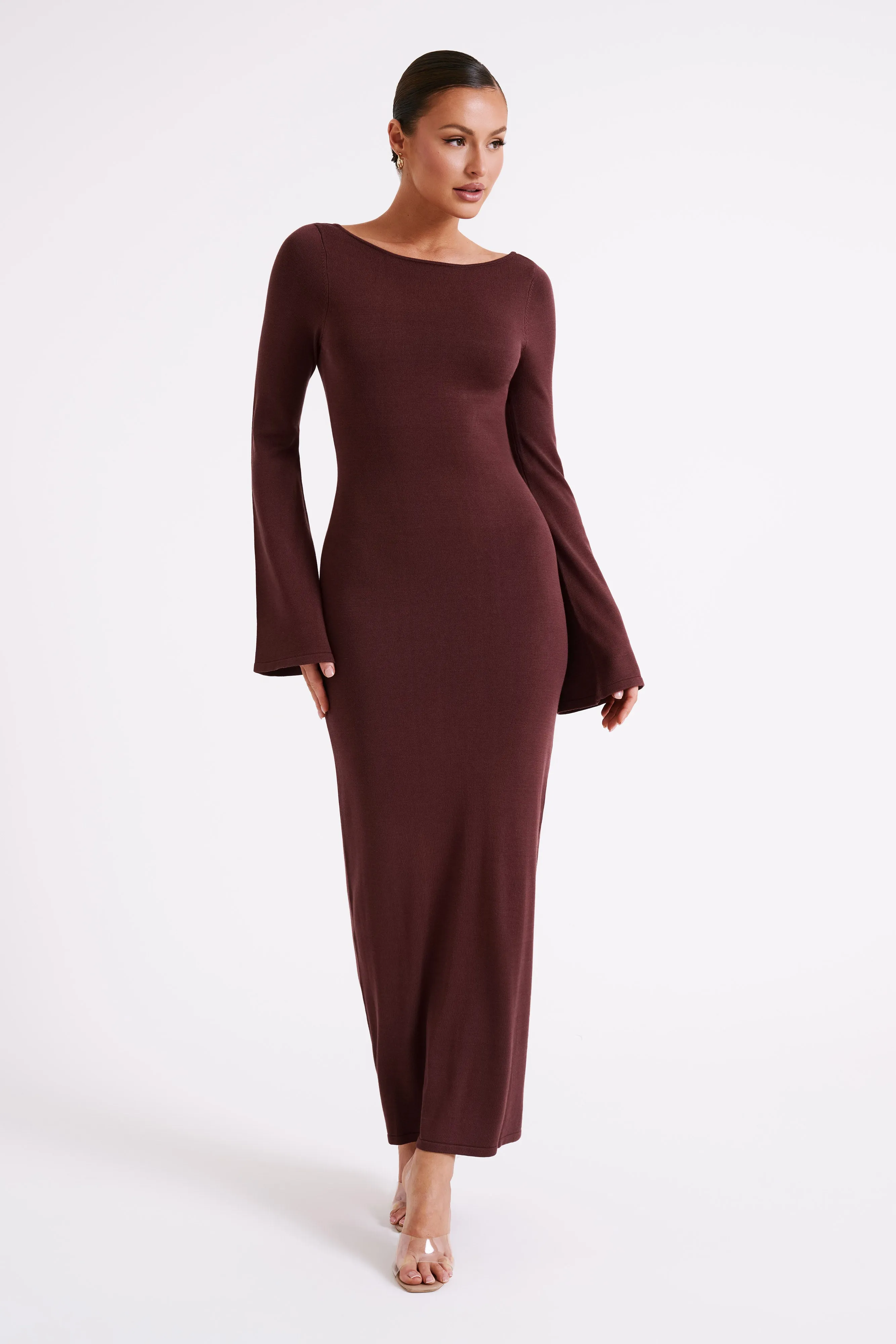 Marleigh Flare Sleeve Knit Maxi Dress - Dark Chocolate sold by Meshki product image thumbnail 2