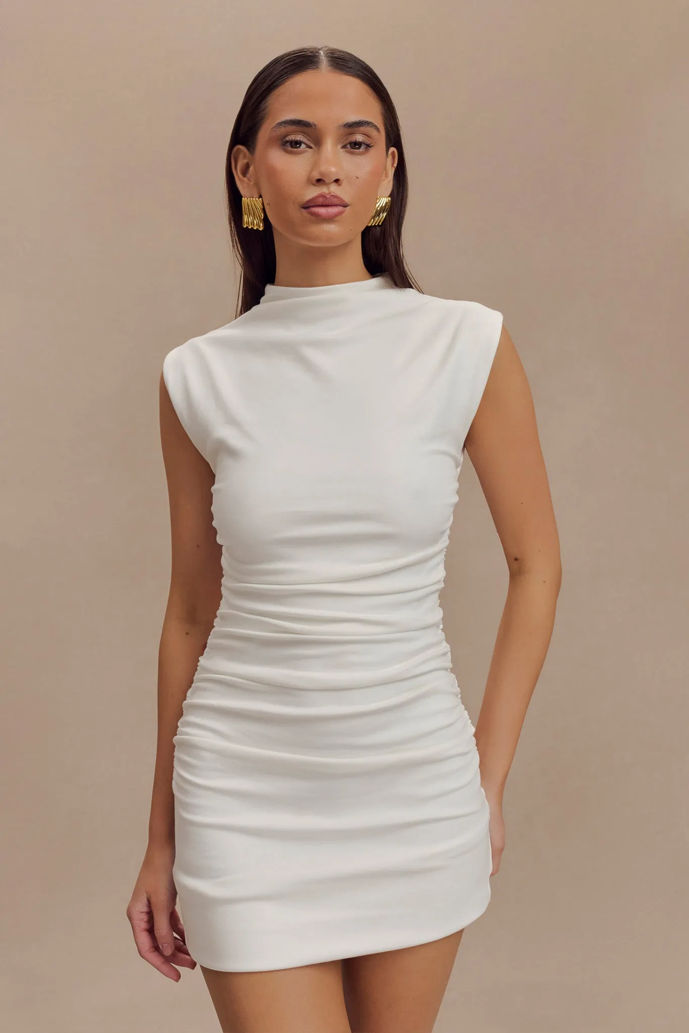Elliot High Neck Sleeveless Mini Dress - White sold by Meshki