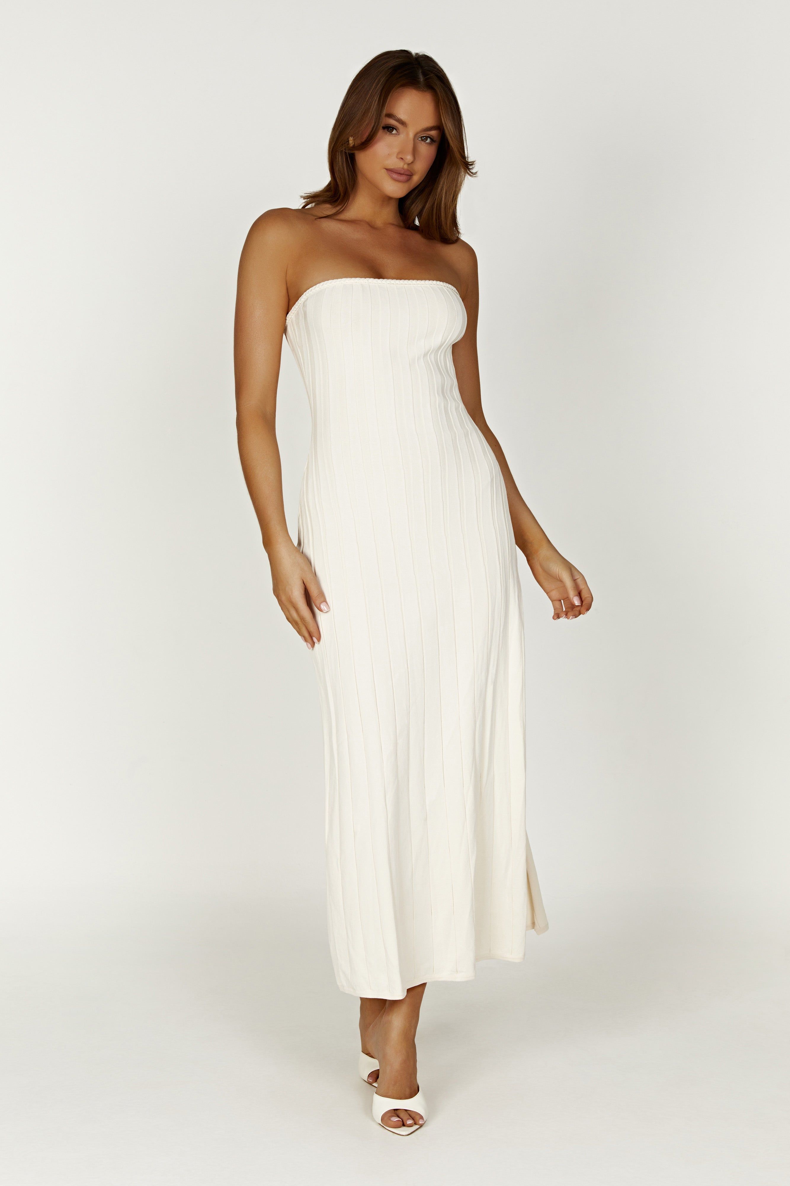 Dolce Extreme Rib Strapless Midi Dress - Ivory sold by Meshki