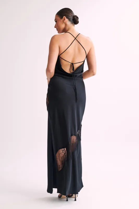 Chandra Lace Detail Satin Maxi Dress - Black sold by Meshki