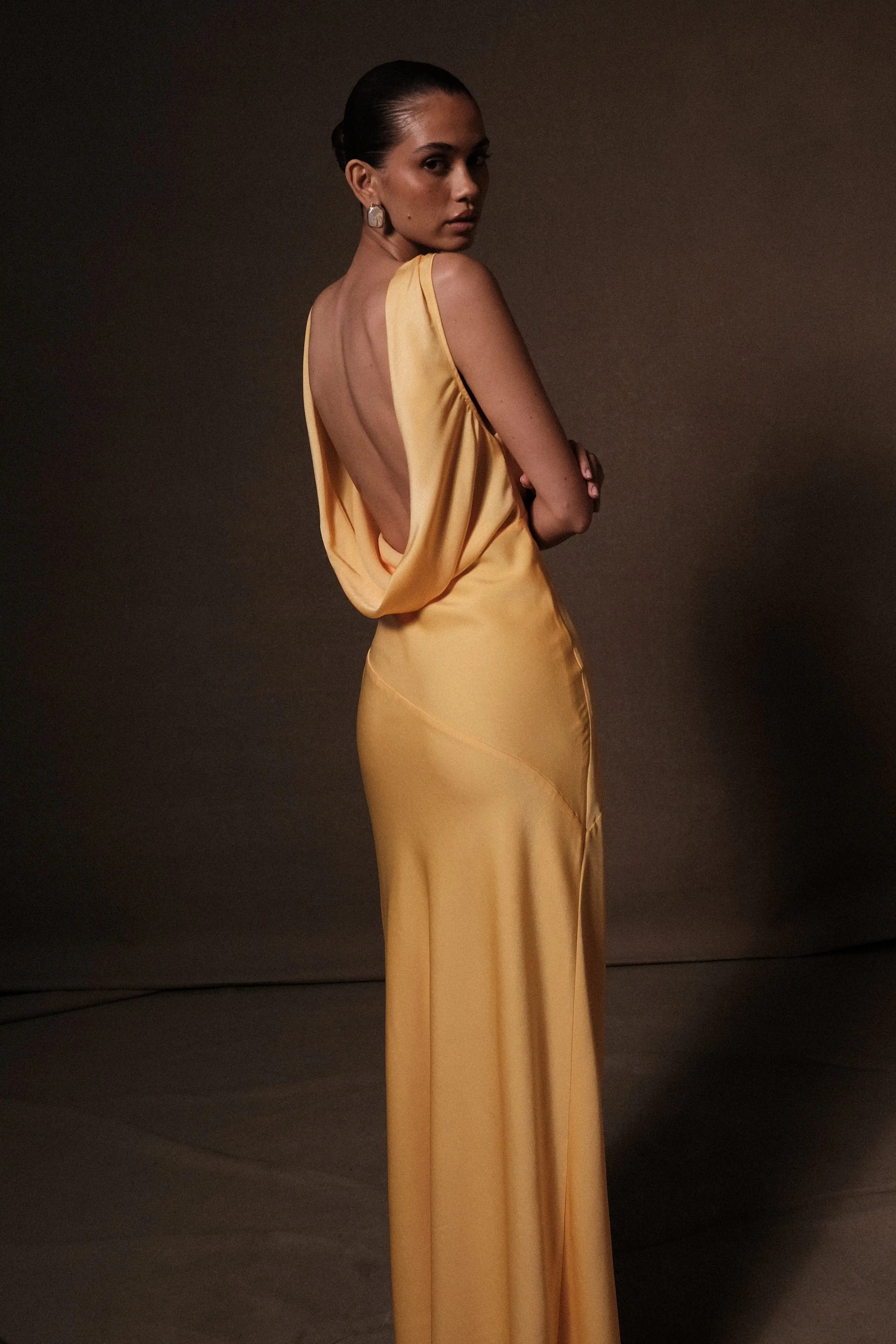 Nadia Maxi Satin Dress With Back Cowl - Lemon sold by Meshki