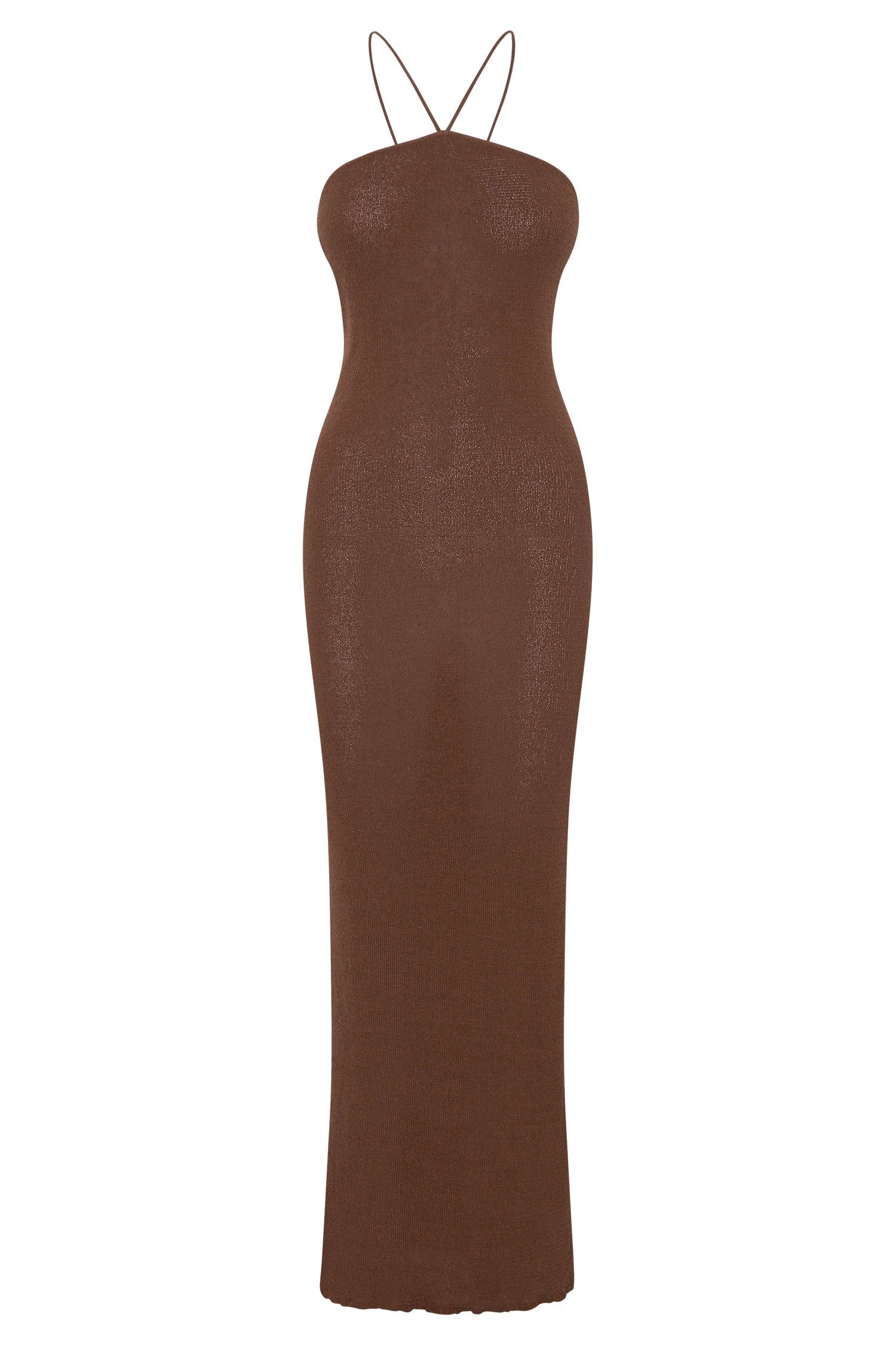 Aryana Asymmetrical Straight Maxi Halter Knit Dress - Clay sold by Meshki product image thumbnail 9