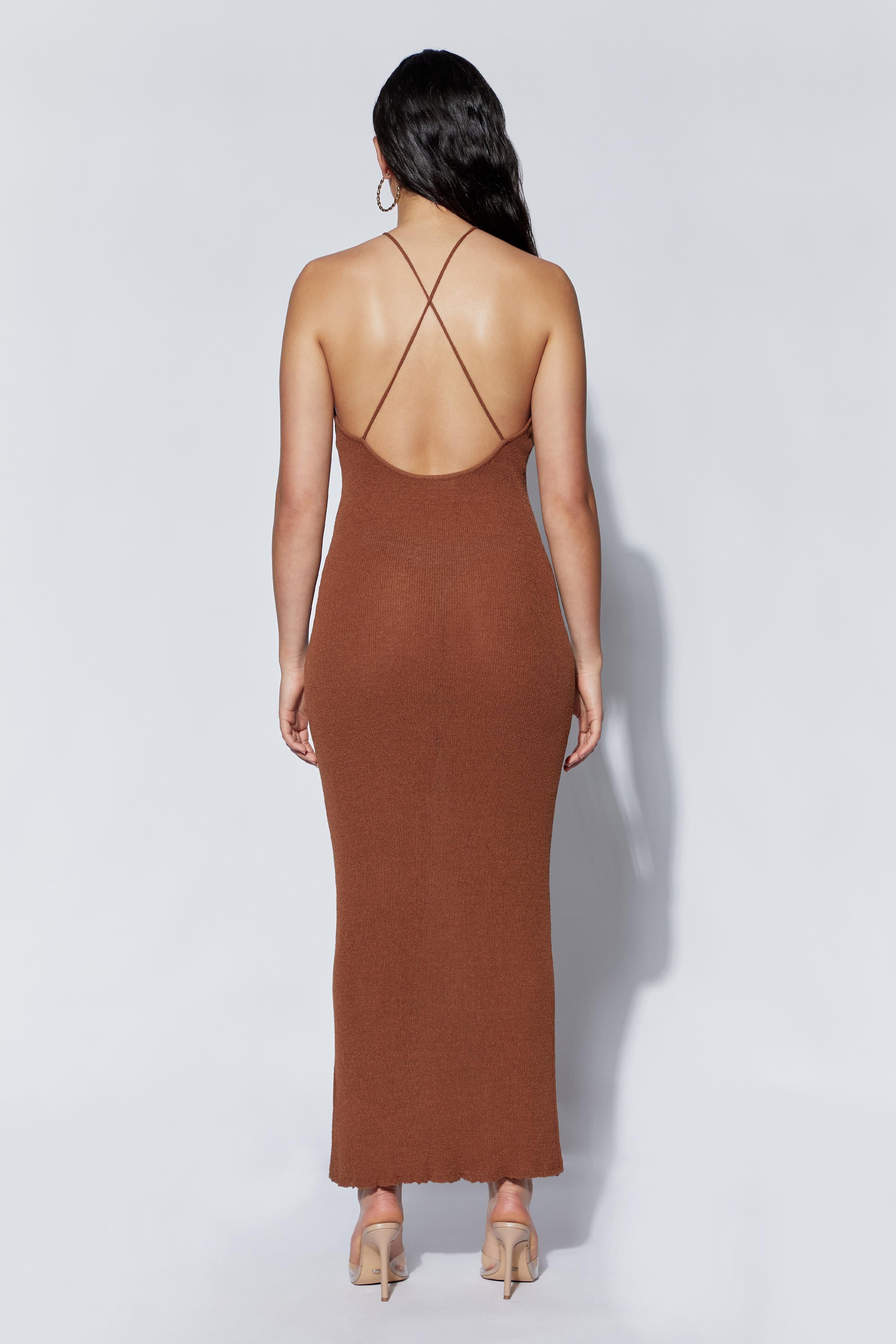 Aryana Asymmetrical Straight Maxi Halter Knit Dress - Clay sold by Meshki product image thumbnail 4