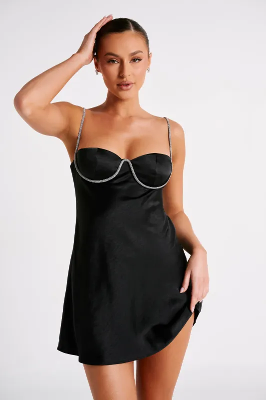 Elora Satin Cupped Mini Dress With Diamante Rope - Black made by Meshki