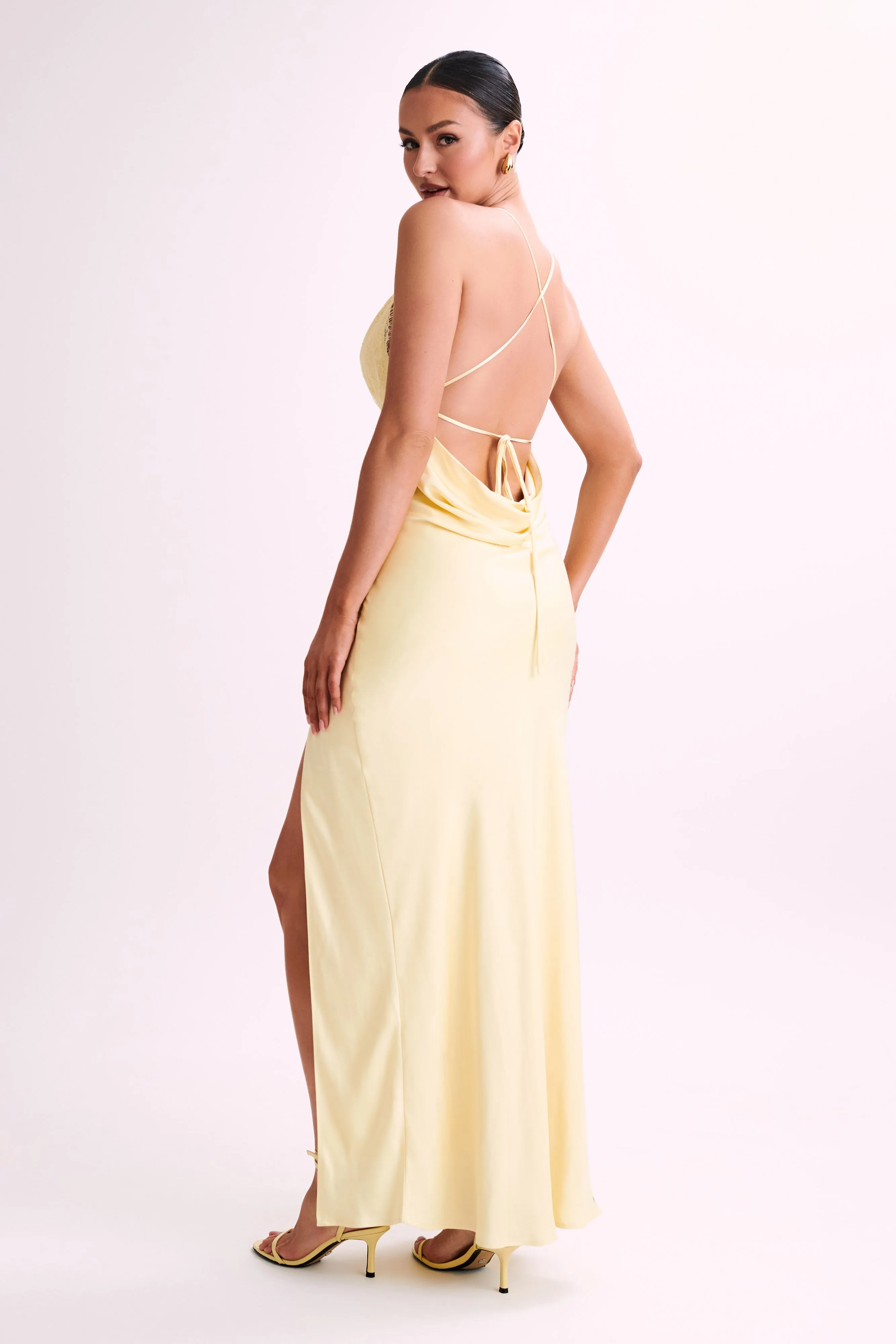 Gina Satin Slip Maxi Dress With Lace - Lemon sold by Meshki product image thumbnail 2