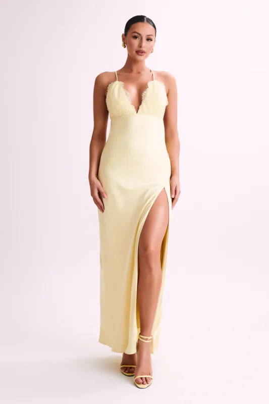 Gina Satin Slip Maxi Dress With Lace - Lemon sold by Meshki