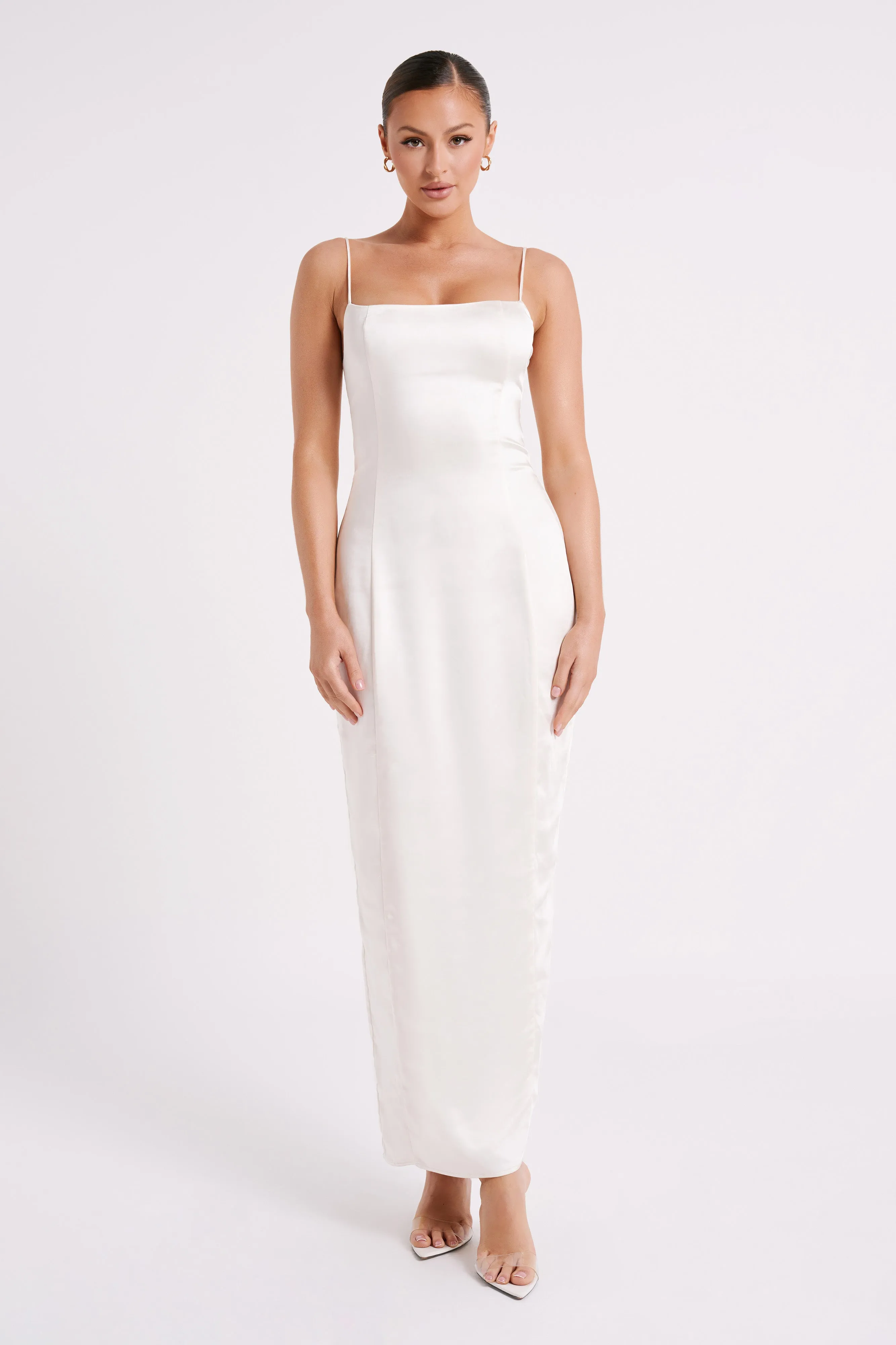Chrisley Satin Maxi Dress With Split - Ivory sold by Meshki