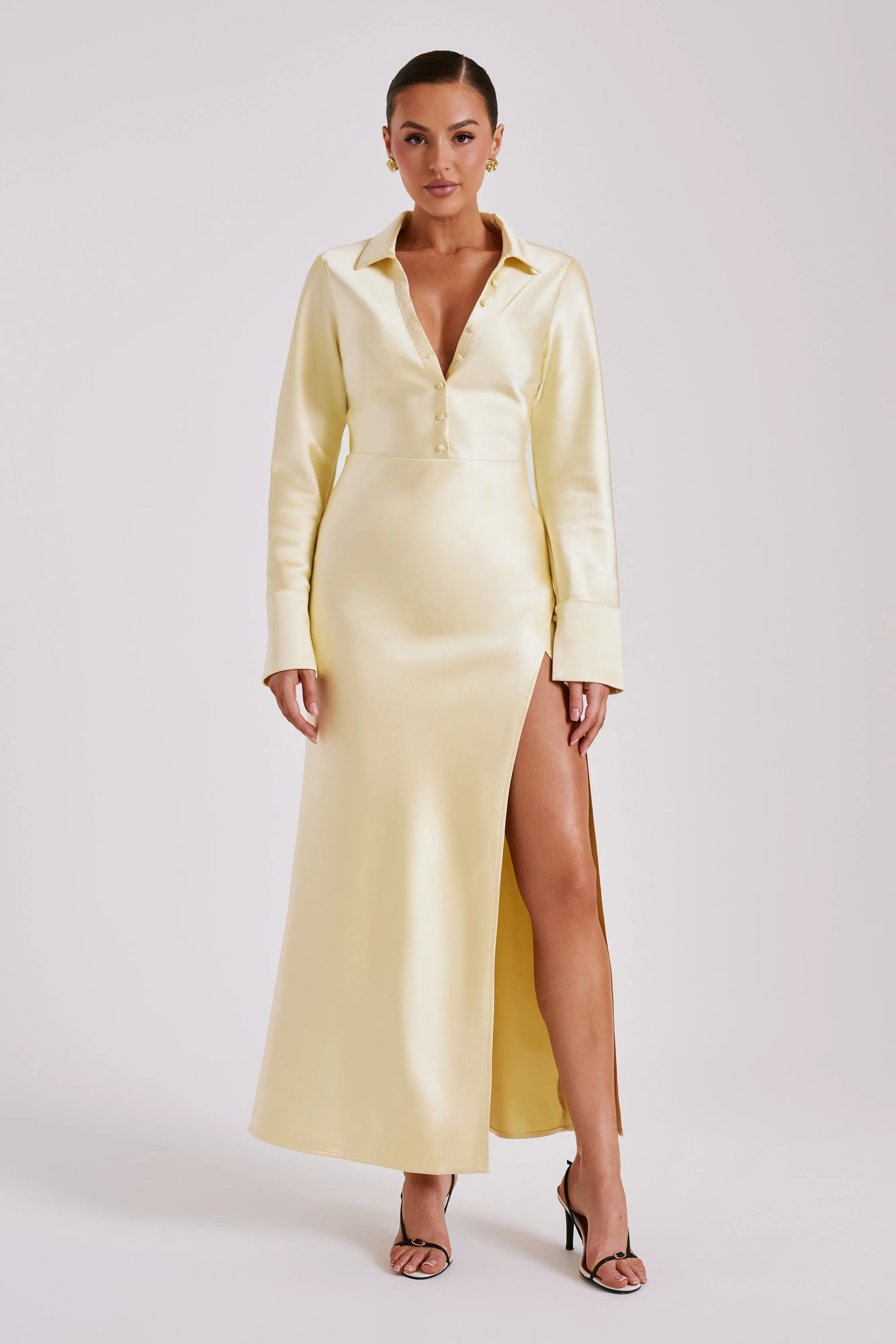 Whitley Satin Collared Maxi Dress - Butter sold by Meshki