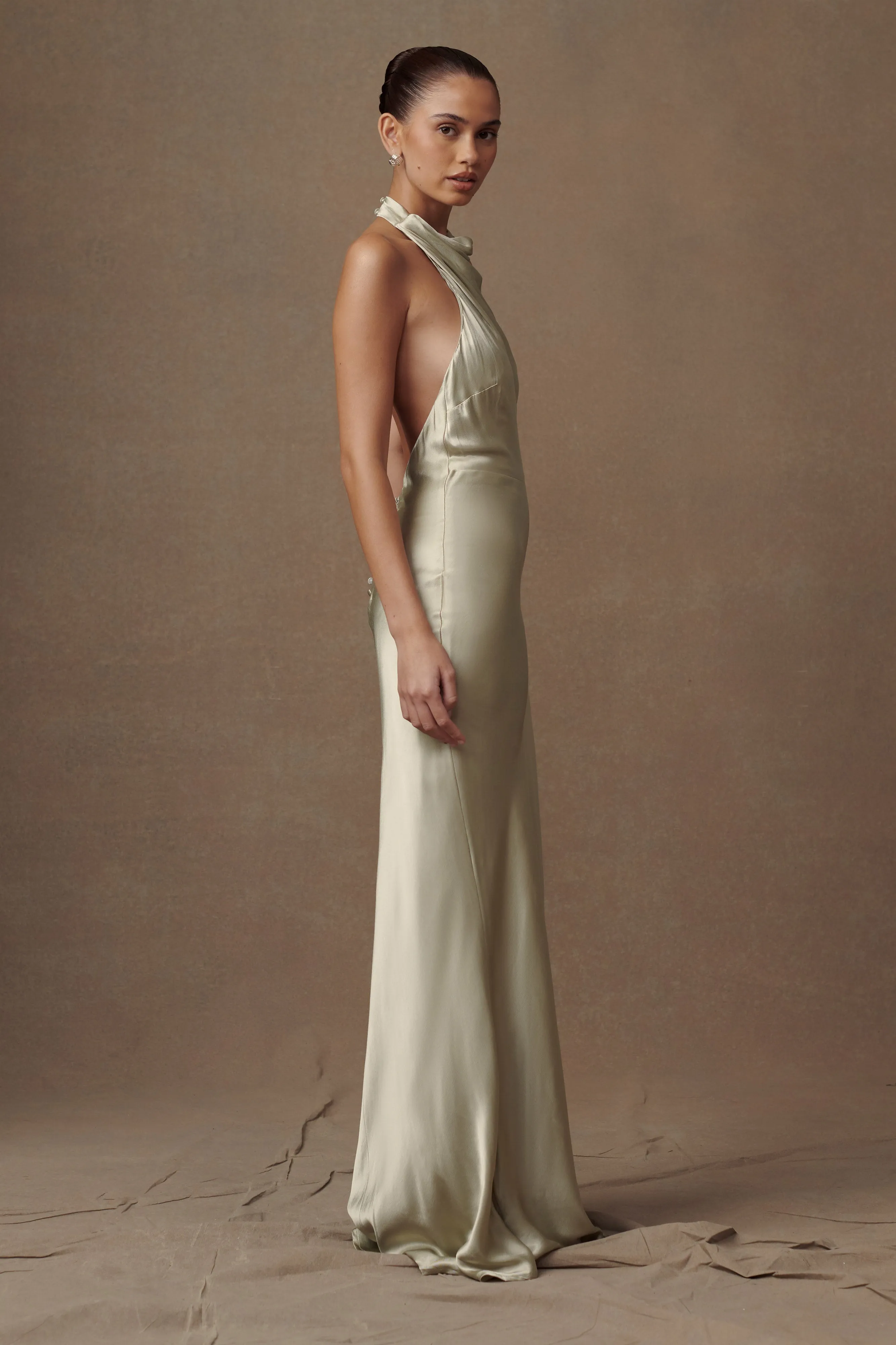 Esther Iridescent Satin Cowl Maxi Dress - Sage sold by Meshki product image thumbnail 3