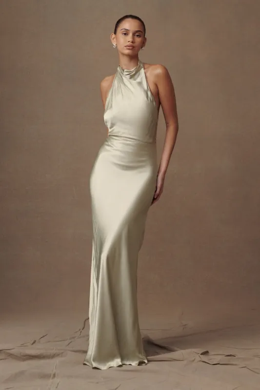 Esther Iridescent Satin Cowl Maxi Dress - Sage sold by Meshki