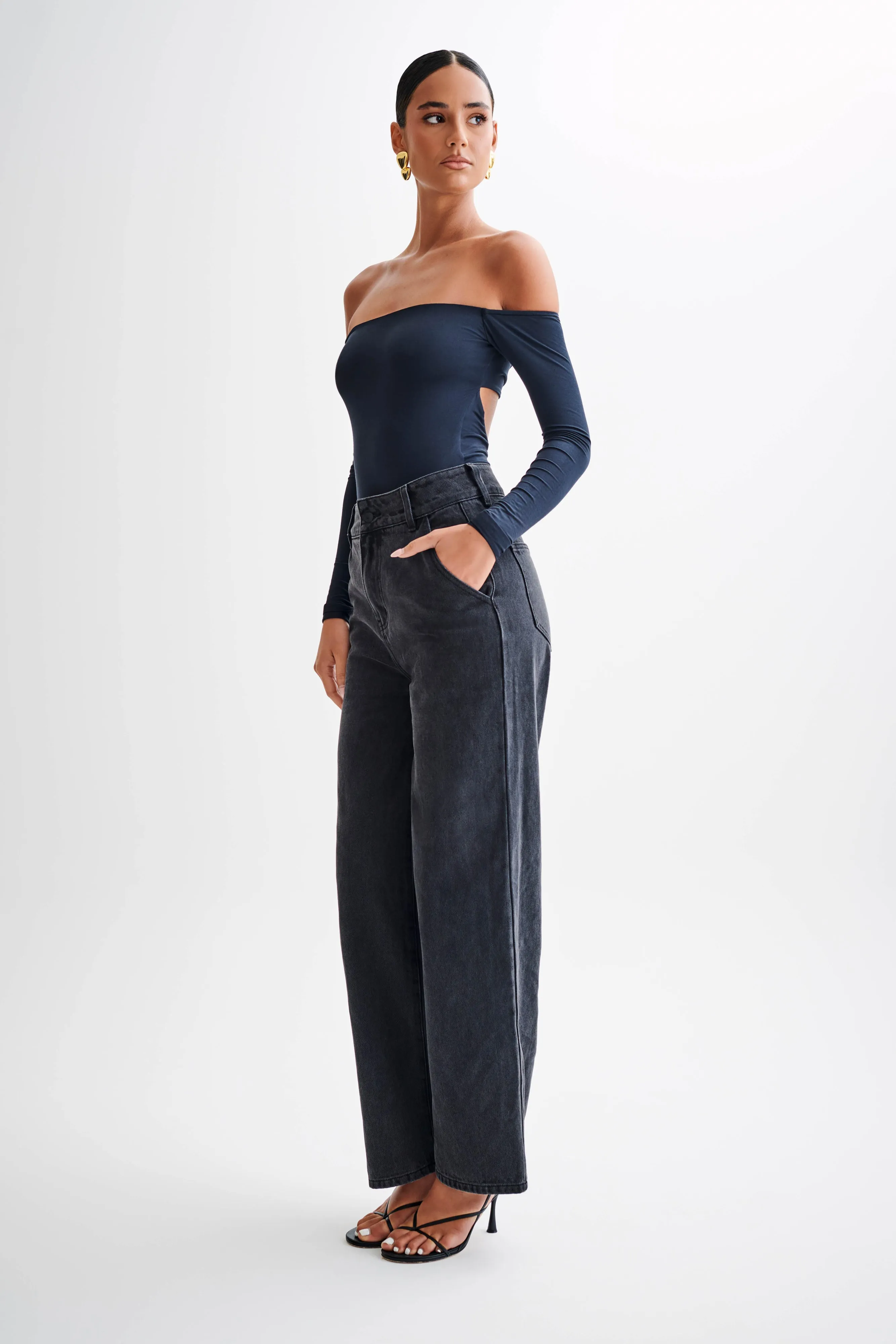 Peta Off Shoulder Modal Long Sleeve Bodysuit - Black sold by Meshki product image thumbnail 4