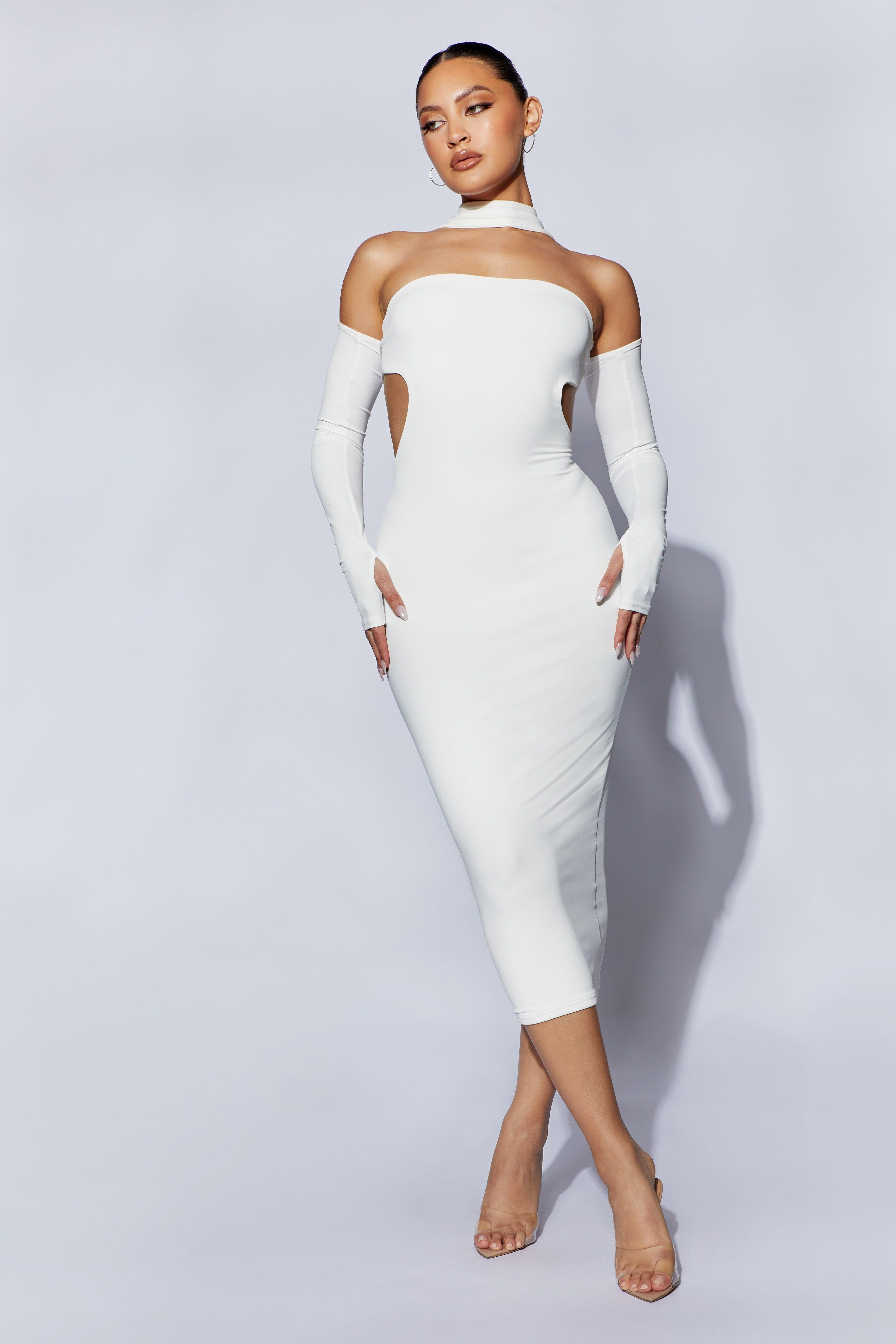 Demie Neckband Midi Dress With Fingerless Gloves - White sold by Meshki