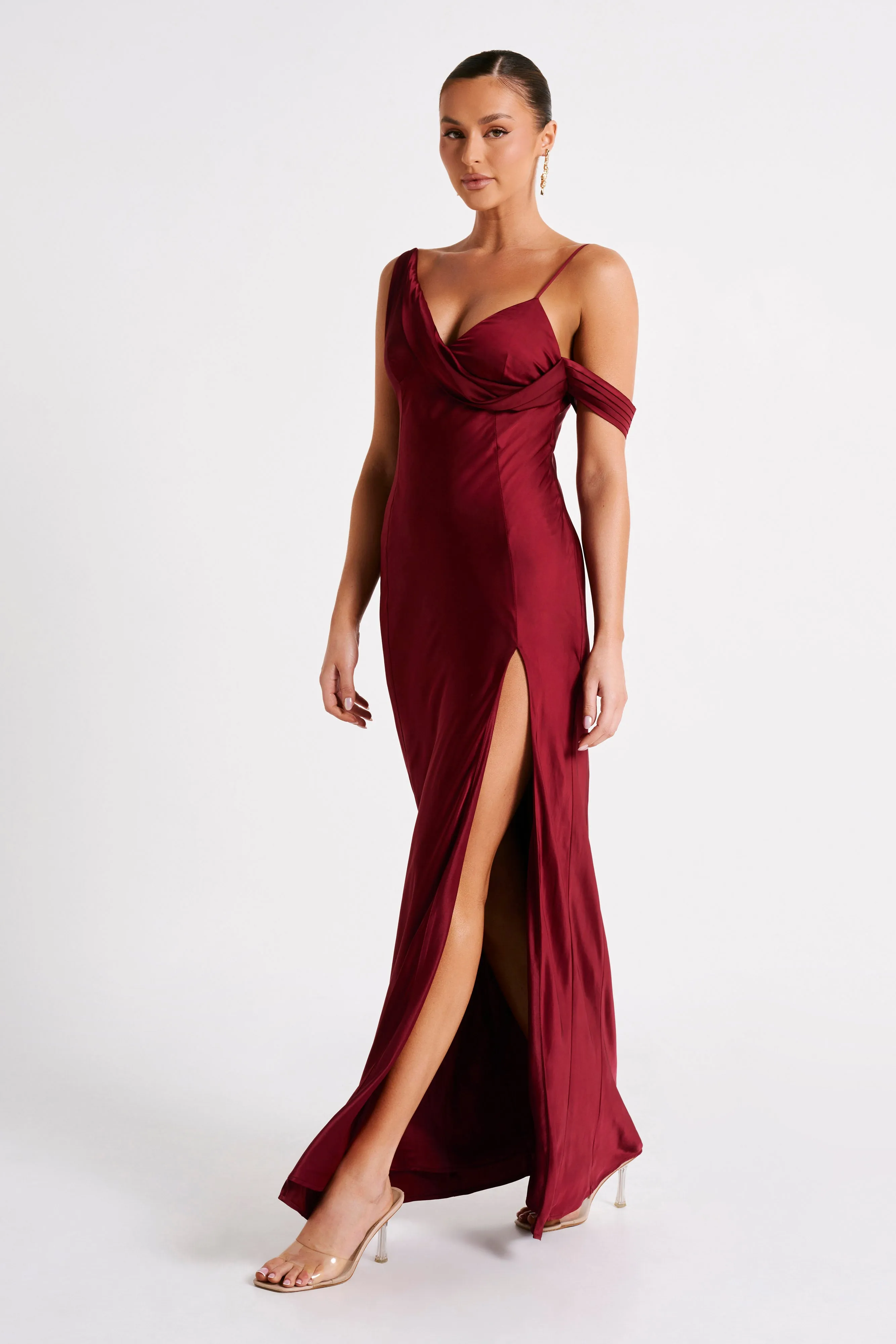 Soleil Satin Off Shoulder Maxi Dress - Berry sold by Meshki product image thumbnail 4