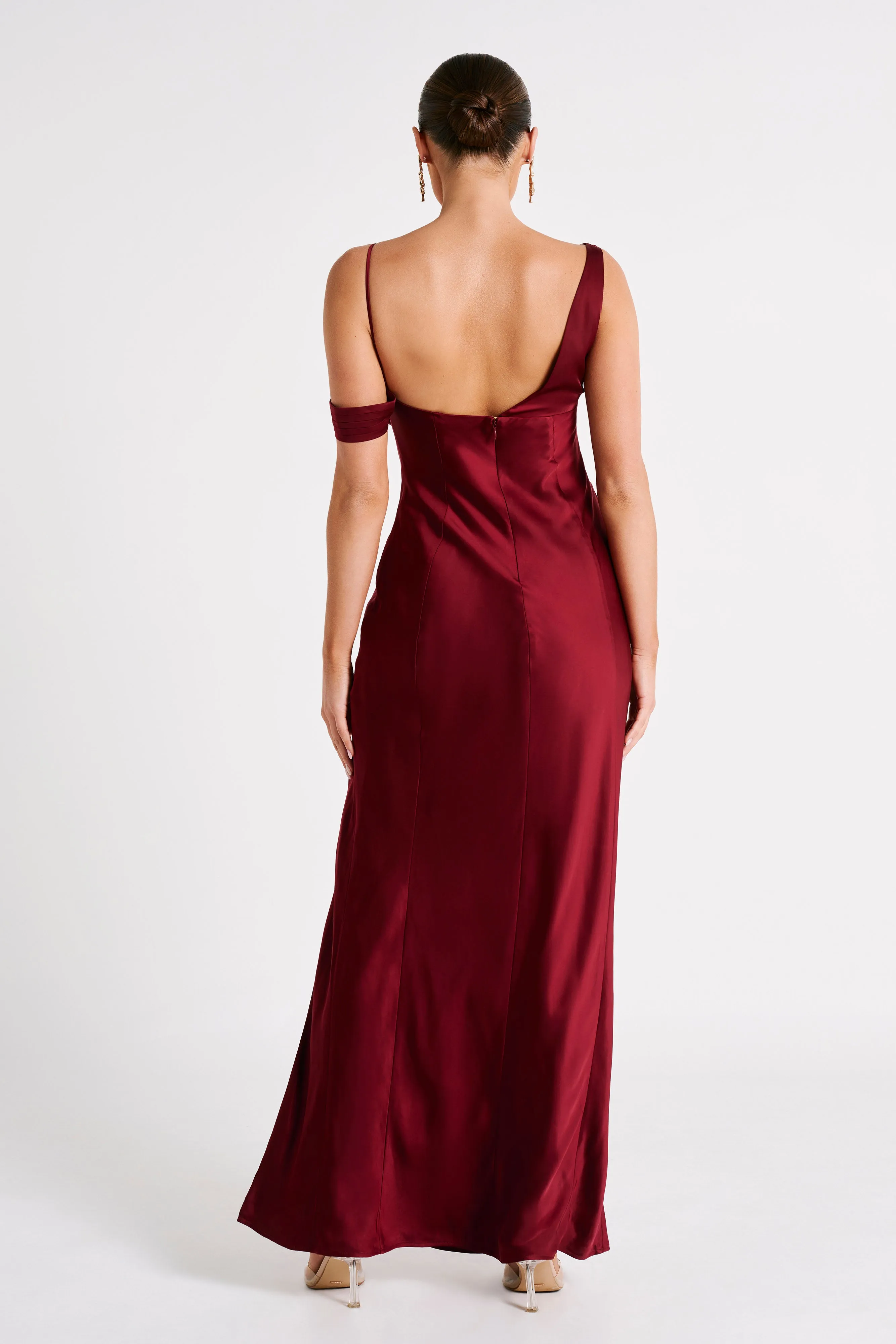 Soleil Satin Off Shoulder Maxi Dress - Berry sold by Meshki product image thumbnail 3