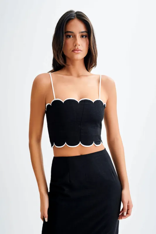 Alessio Scalloped Linen Top - Black sold by Meshki