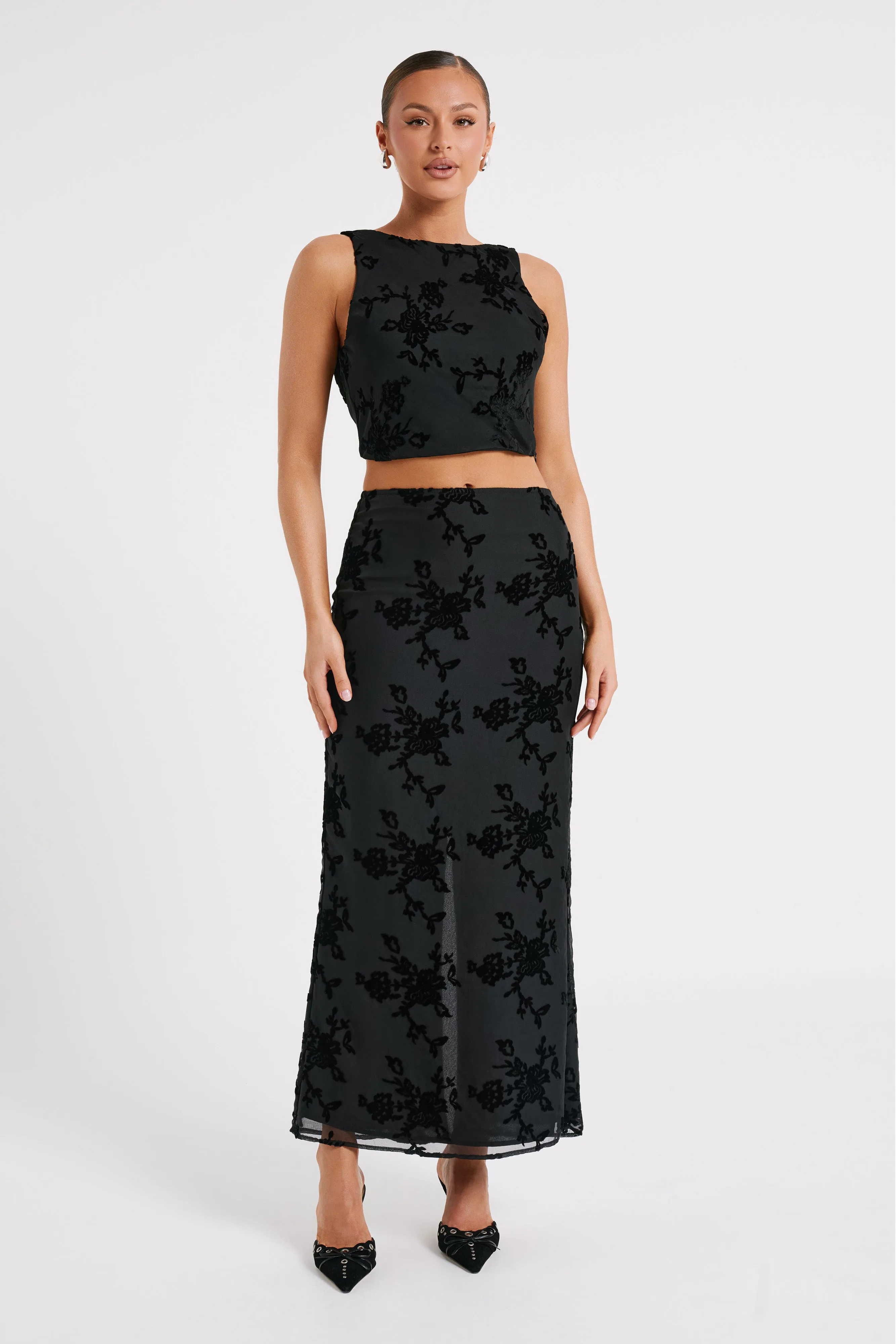 Mona Burnout Velvet Maxi Skirt - Black sold by Meshki product image thumbnail 3