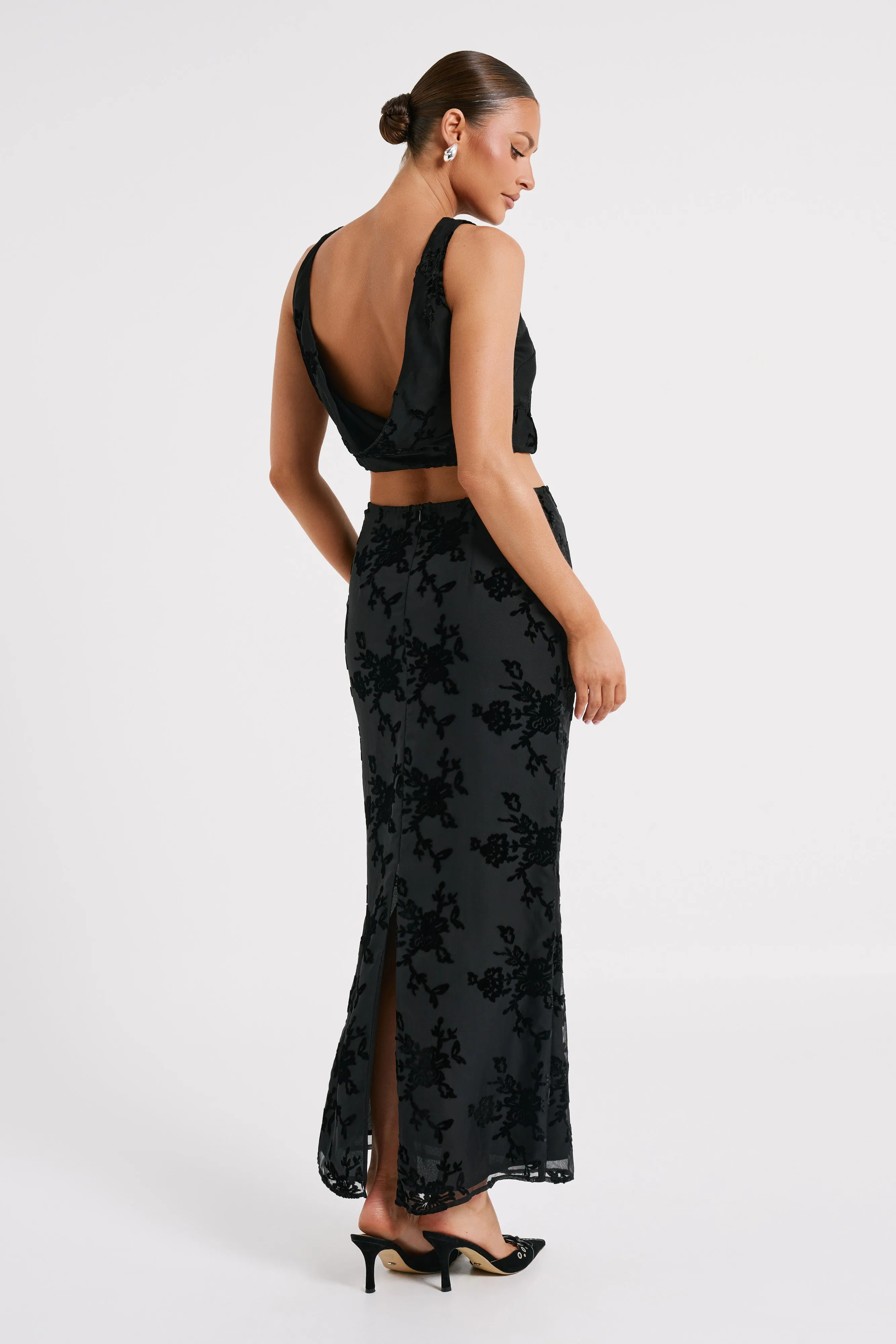 Mona Burnout Velvet Maxi Skirt - Black sold by Meshki product image thumbnail 4
