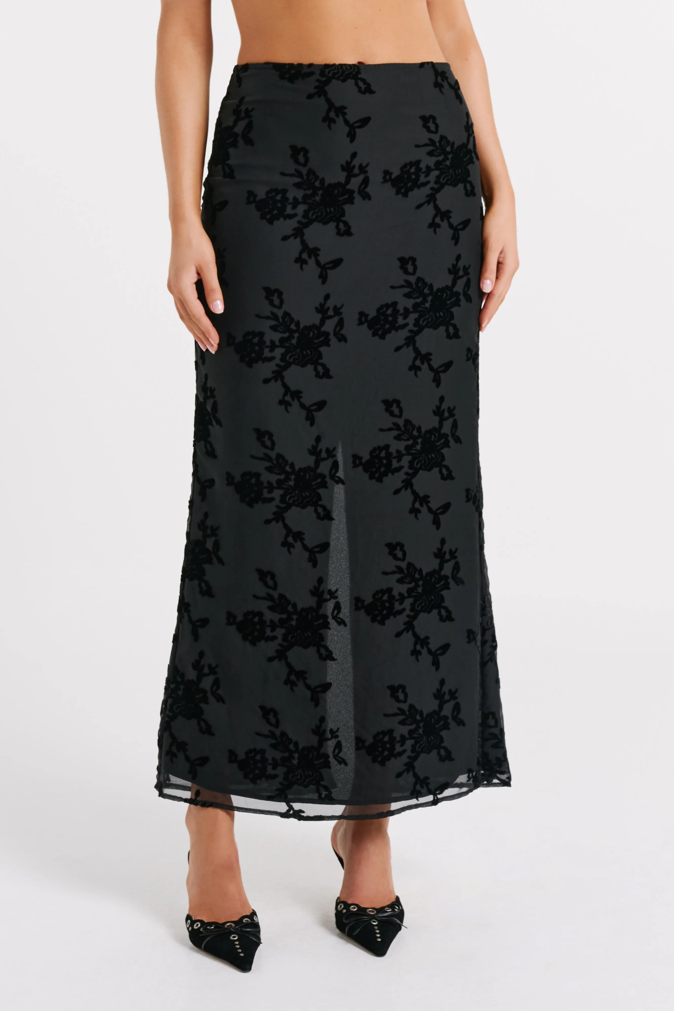 Mona Burnout Velvet Maxi Skirt - Black sold by Meshki