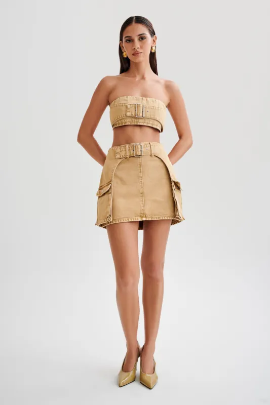 Rowena Denim Buckle Mini Skirt - Tan Acid Wash sold by Meshki