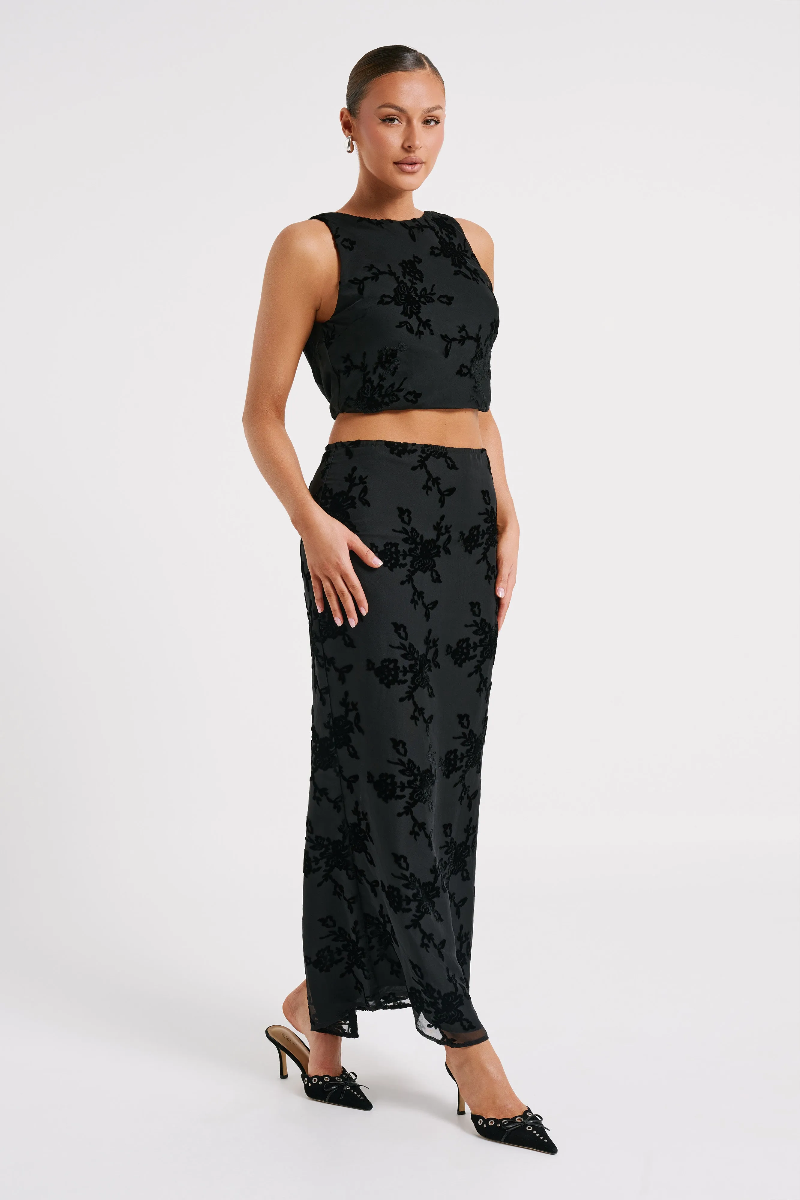 Mona Burnout Velvet Maxi Skirt - Black sold by Meshki product image thumbnail 5