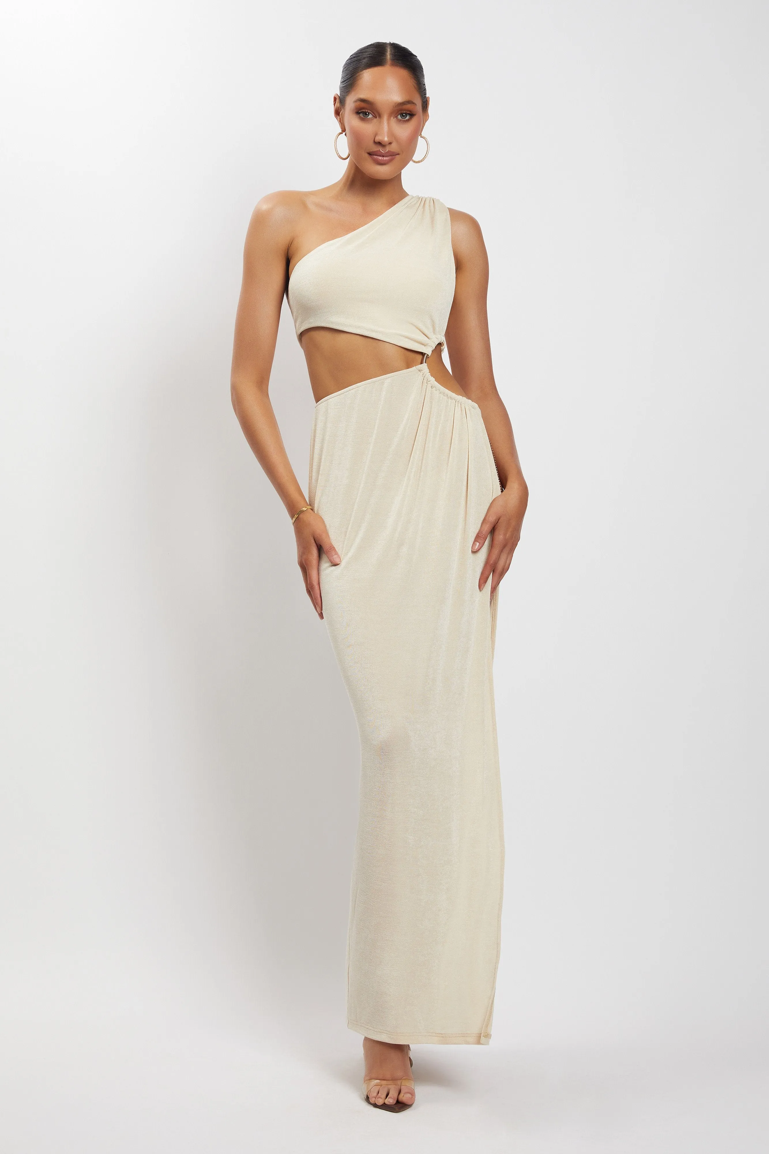 Paige Ruched Side Cut Out Maxi Dress - Nude sold by Meshki product image thumbnail 5
