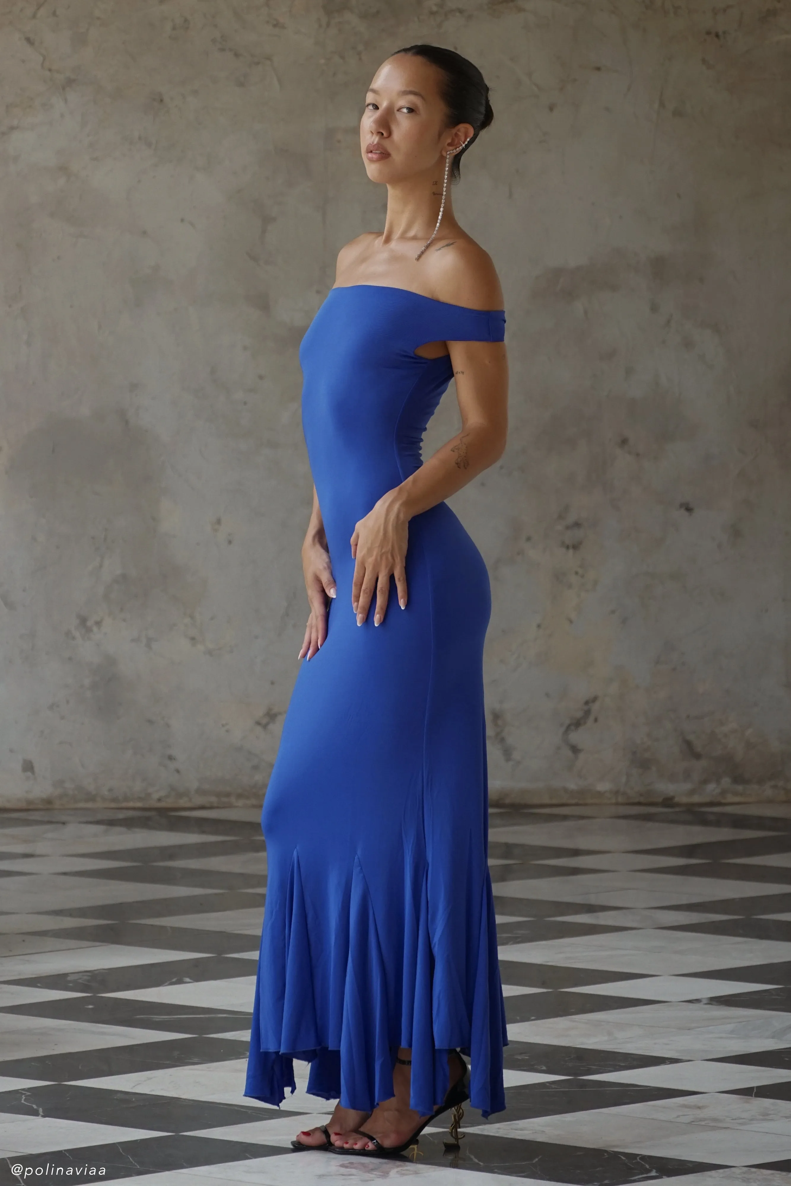 Analina Slinky Handkerchief Midi Dress - Cobalt Blue sold by Meshki