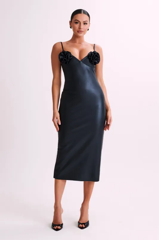 Mariam Faux Leather Rose Midi Dress - Black sold by Meshki