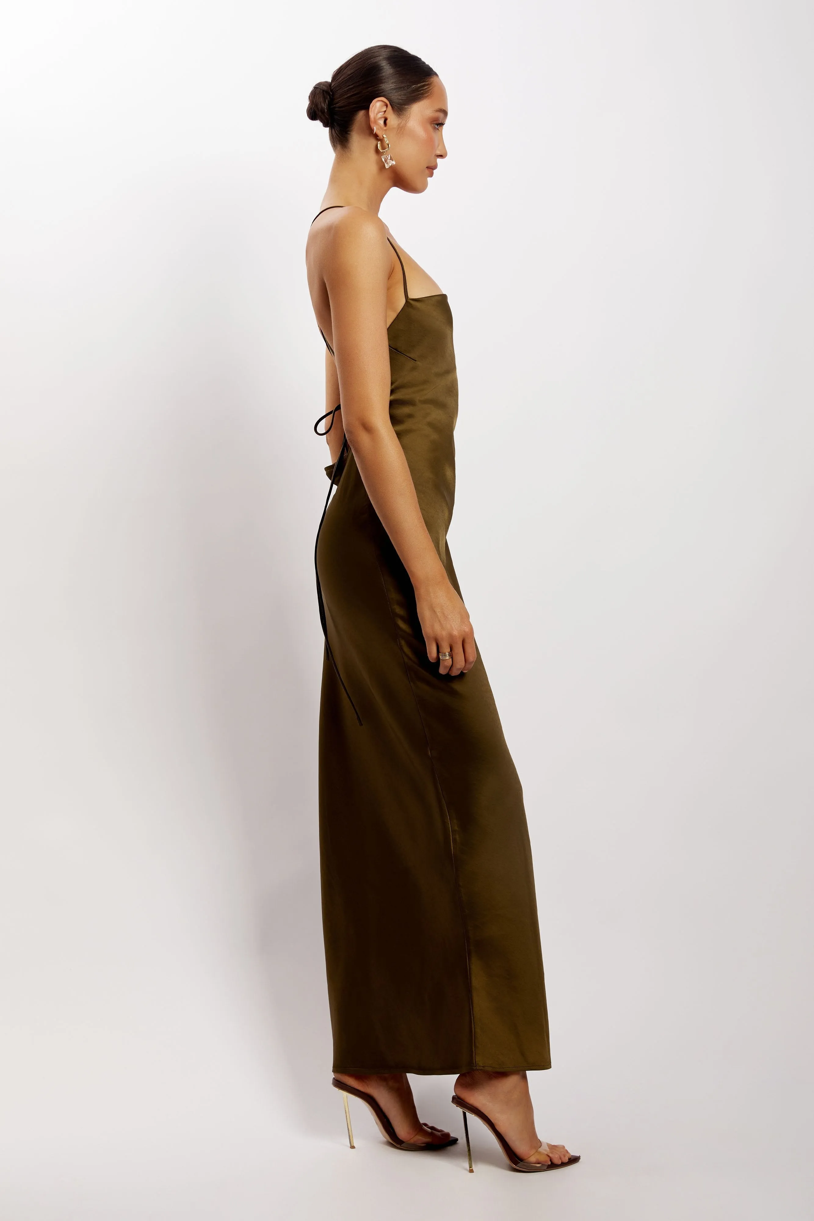 Sydney Straight Neck Slip Maxi Dress - Khaki sold by Meshki product image thumbnail 4