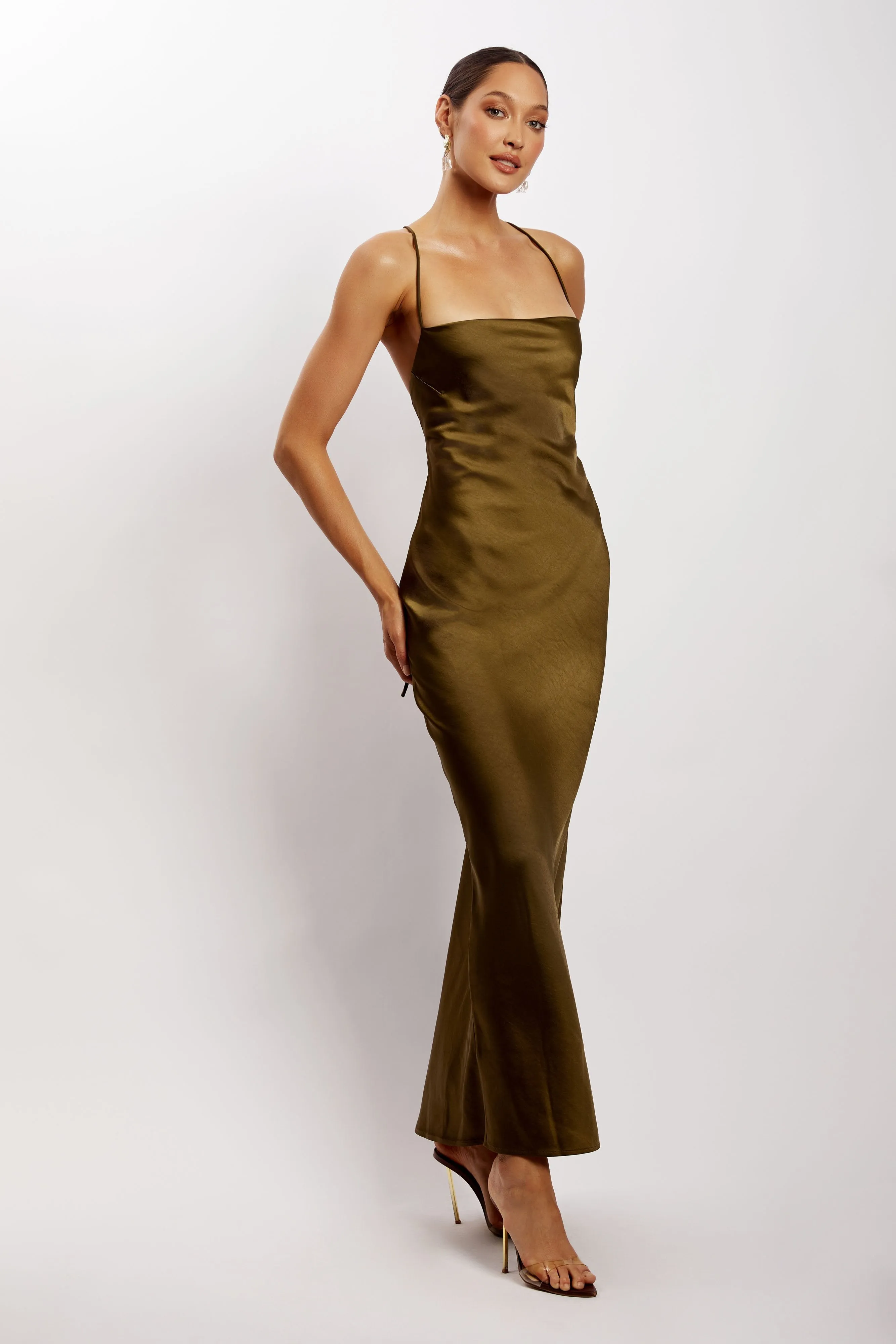 Sydney Straight Neck Slip Maxi Dress - Khaki sold by Meshki