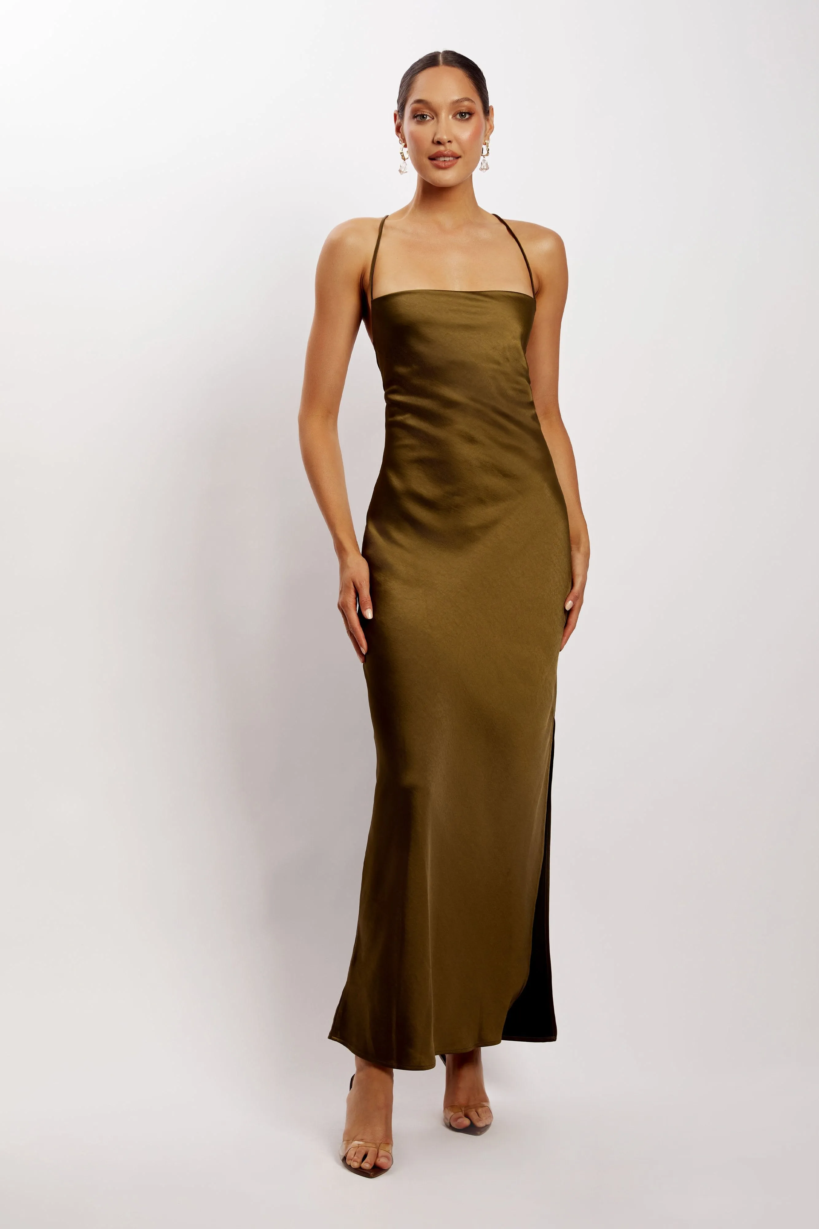Sydney Straight Neck Slip Maxi Dress - Khaki sold by Meshki product image thumbnail 5