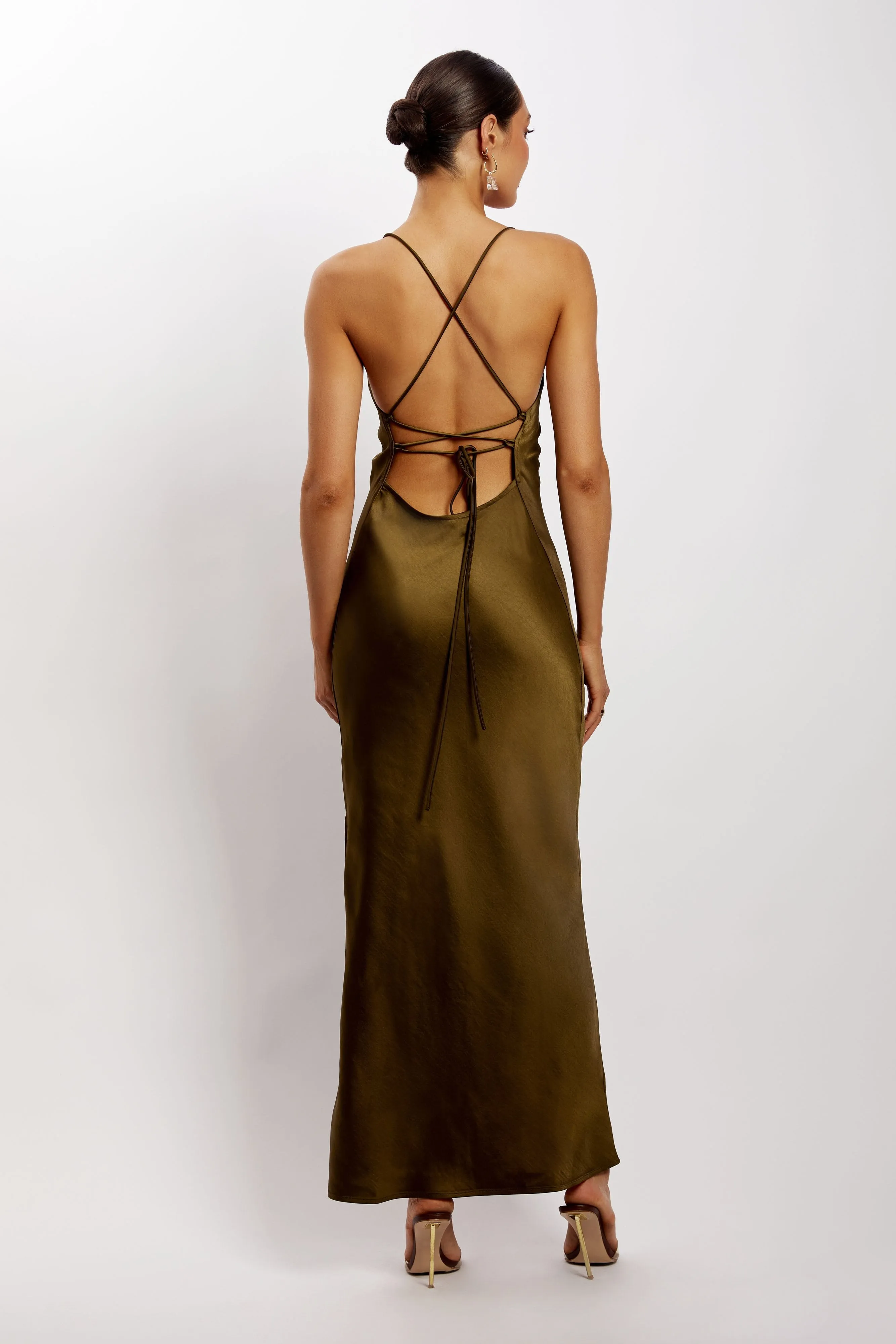 Sydney Straight Neck Slip Maxi Dress - Khaki sold by Meshki product image thumbnail 2