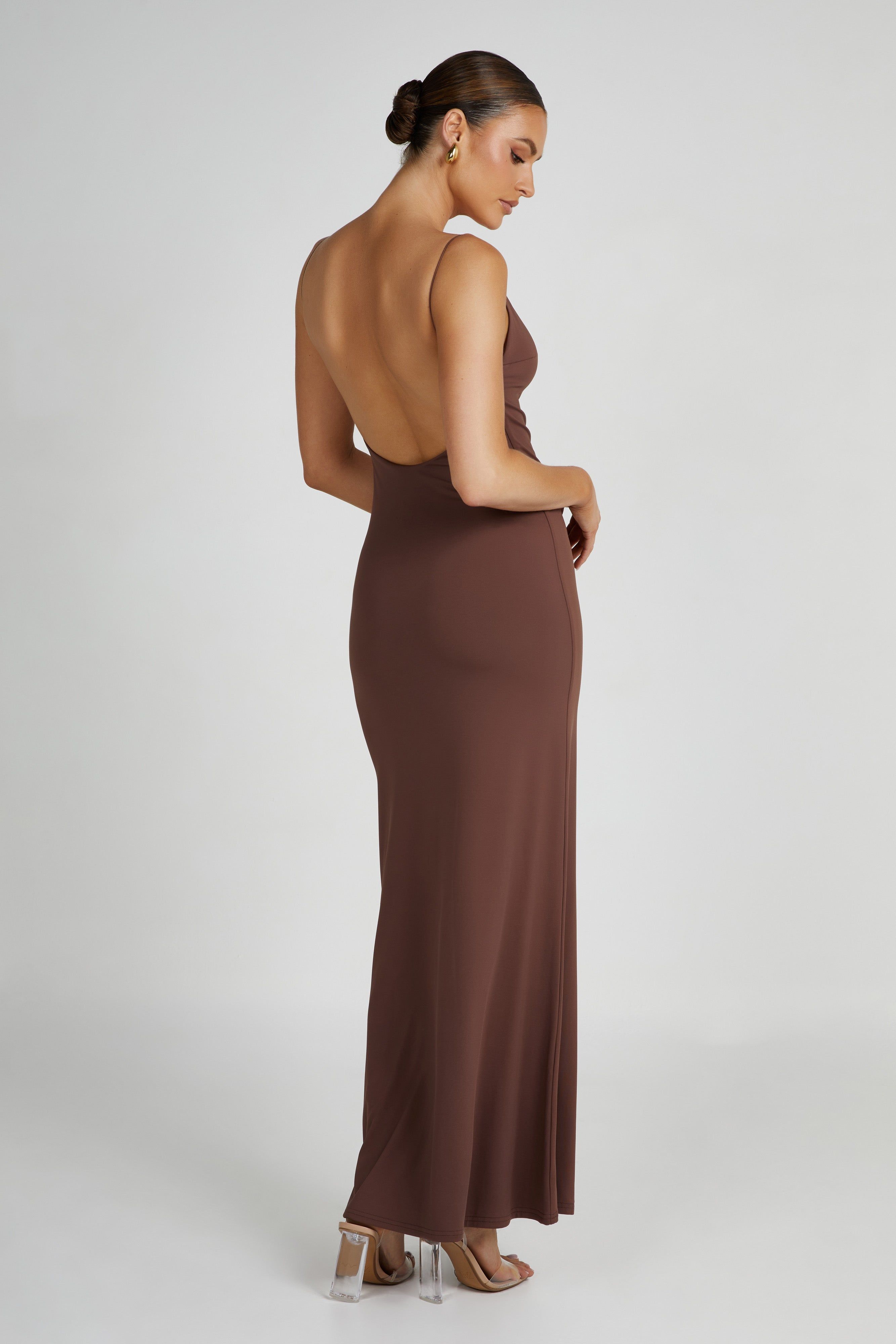 Nikkita Recycled Nylon Strappy Maxi Dress - Mocha sold by Meshki