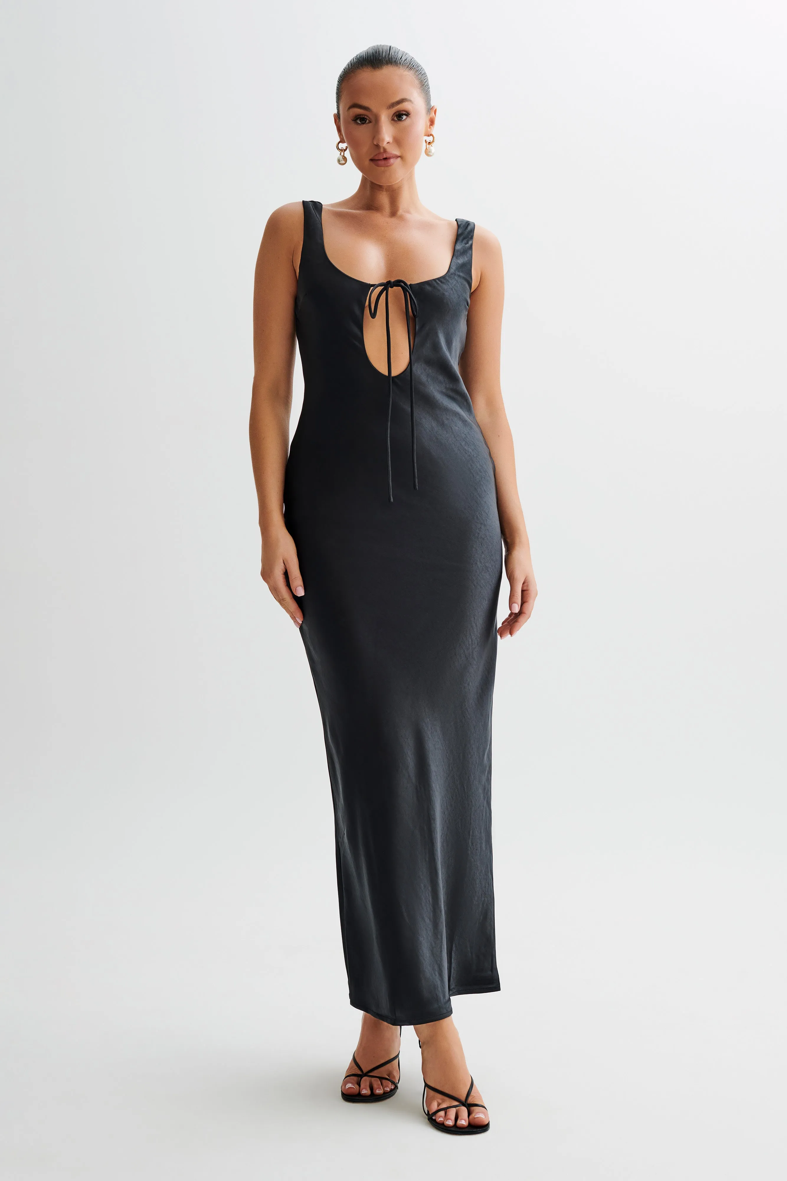 Aubrie Keyhole Satin Maxi Dress - Black sold by Meshki