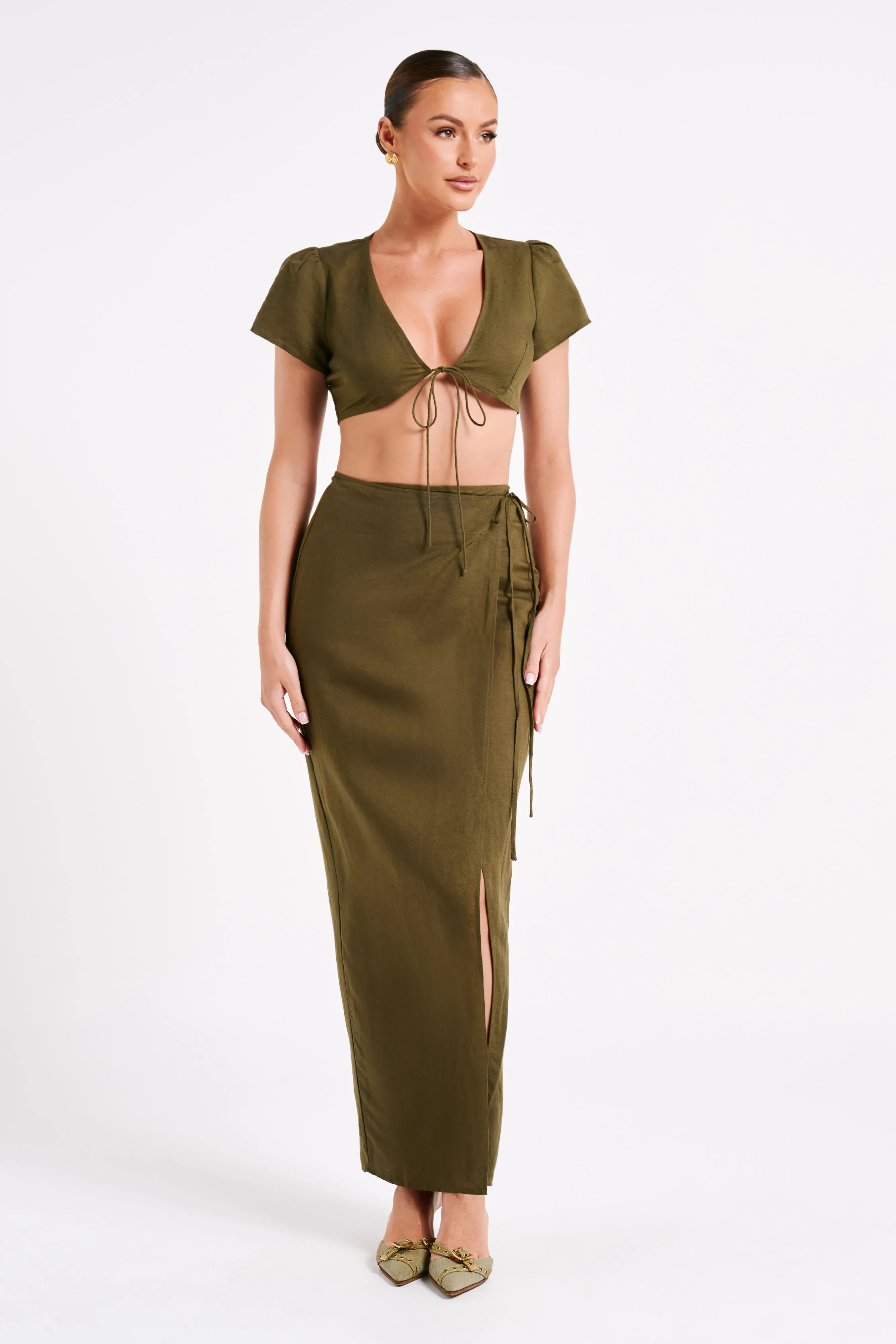 Fatima Linen Crop Top - Khaki sold by Meshki product image thumbnail 3