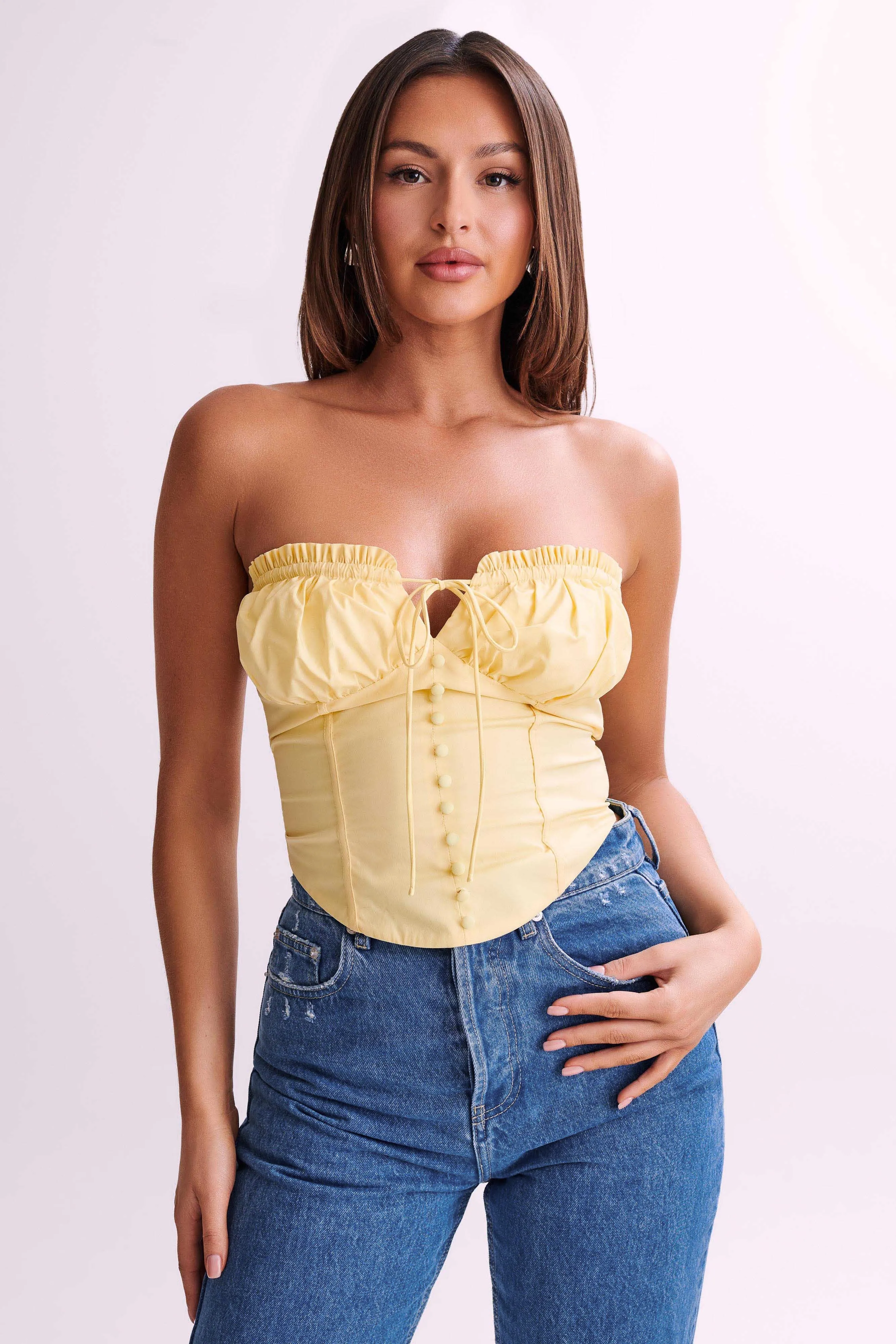 Embry Ruched Strapless Top - Lemon sold by Meshki