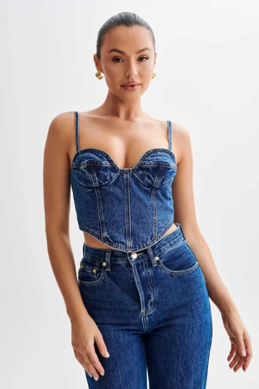 Lana Denim Cupped Corset Top - Dark Blue sold by Meshki