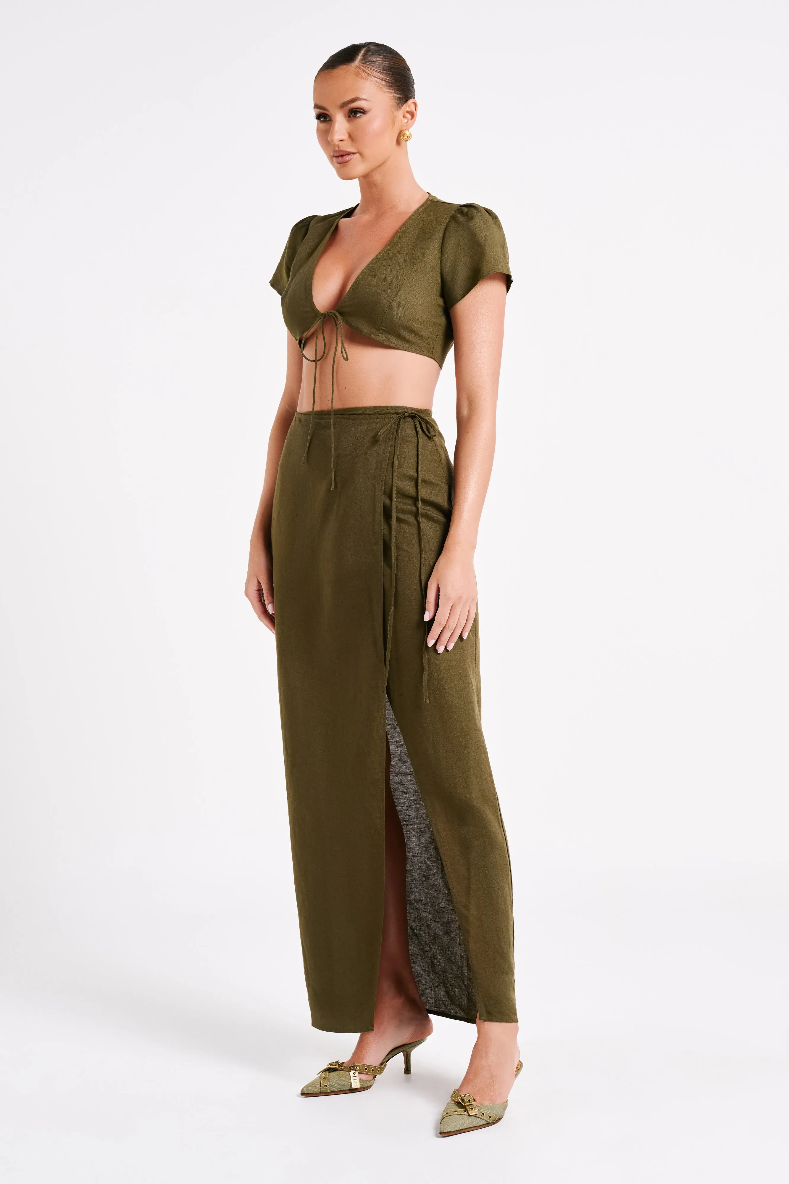 Fatima Linen Crop Top - Khaki sold by Meshki product image thumbnail 5