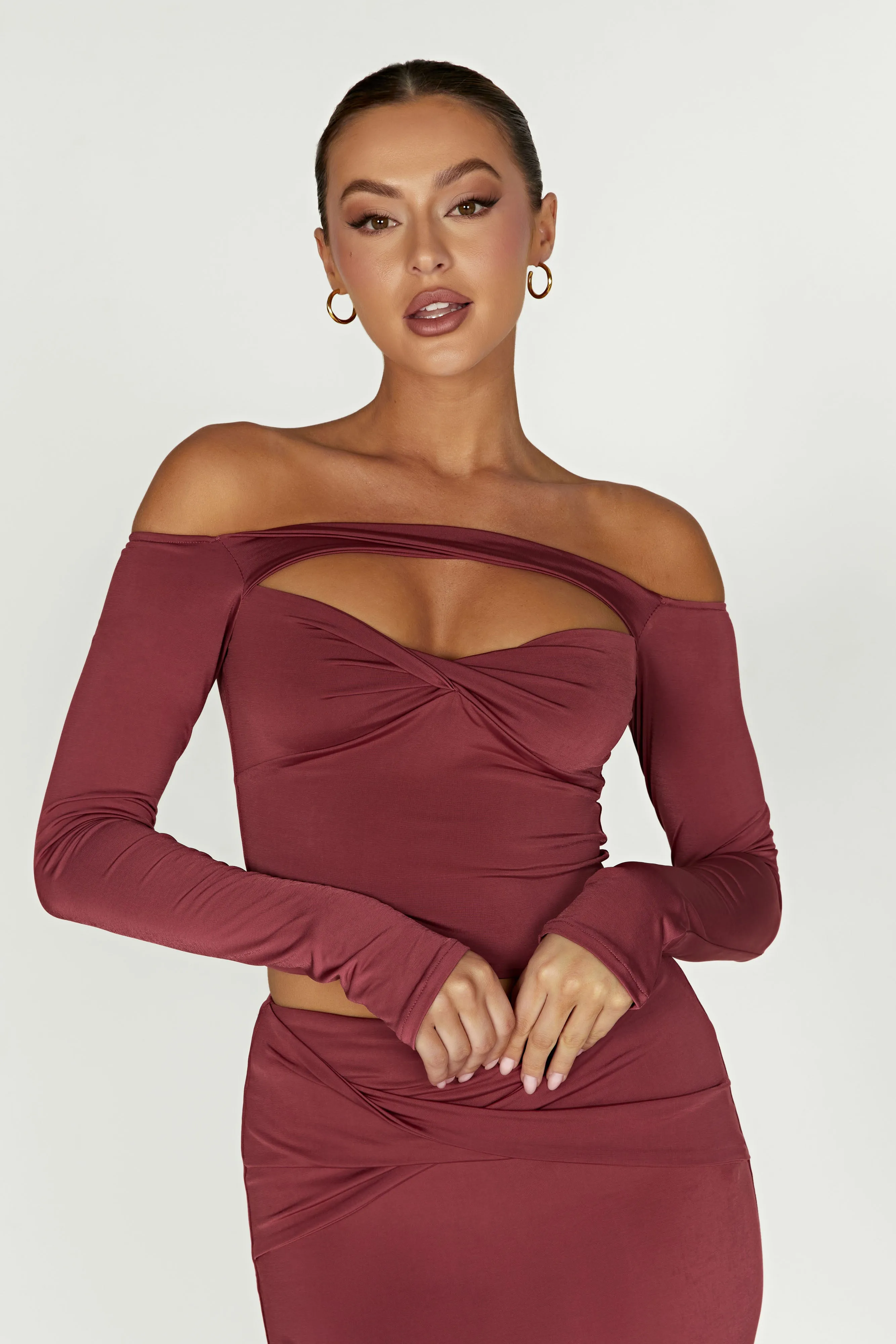 Ceri Off Shoulder Long Sleeve Top - Wine sold by Meshki