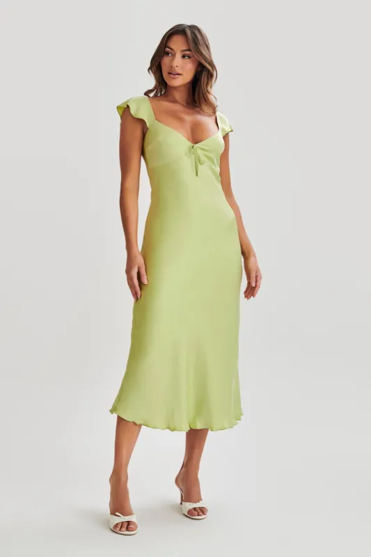 Chantal Short Sleeve Satin Midi Dress - Apple sold by Meshki
