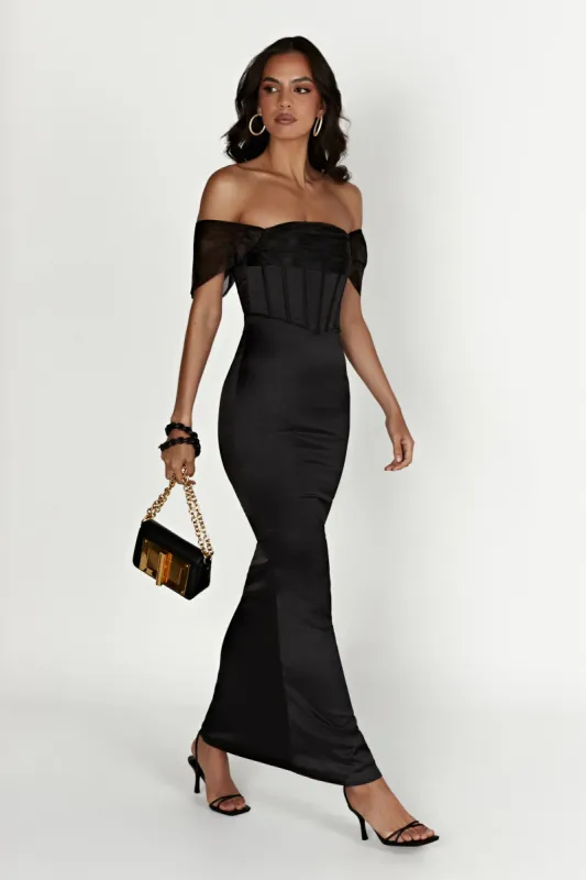 Everly Off Shoulder Organza Satin Maxi Dress - Black sold by Meshki
